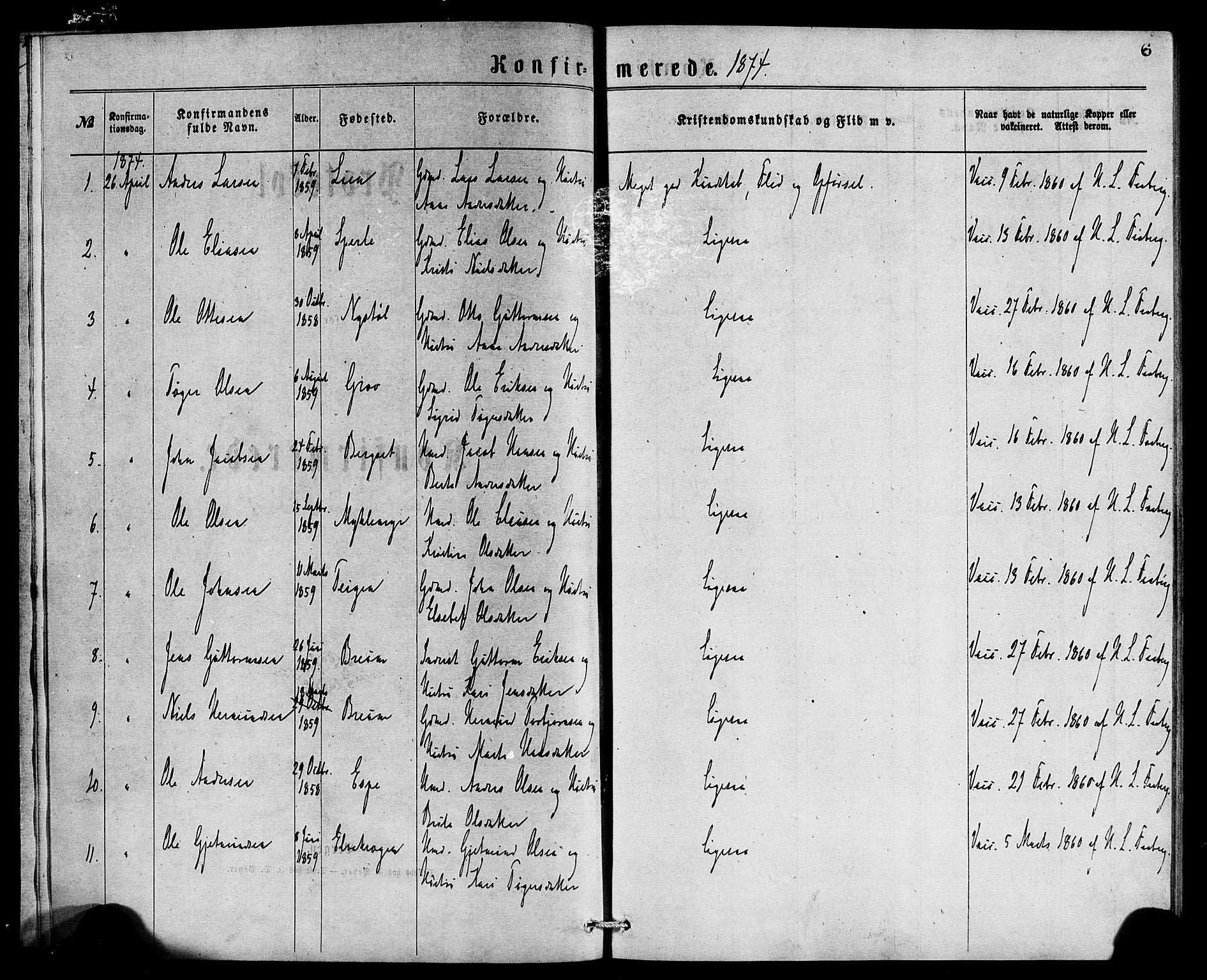 Jostedal sokneprestembete, SAB/A-80601/H/Haa/Haaa/L0007: Parish register (official) no. A 7, 1874-1886, p. 6