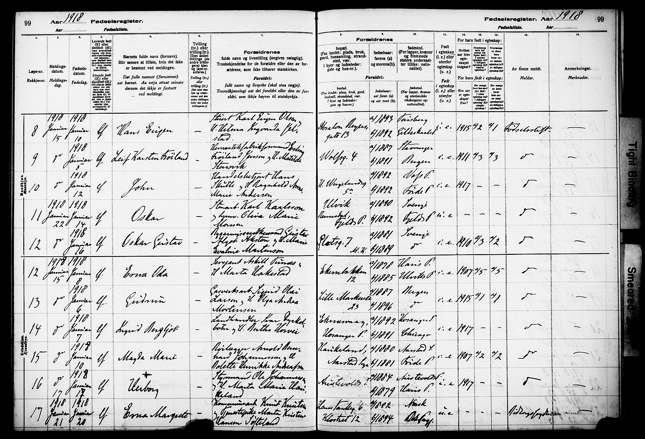 Kvinneklinikken, AV/SAB-A-76301/F/L0A01: Birth register no. A 1, 1916-1920, p. 99