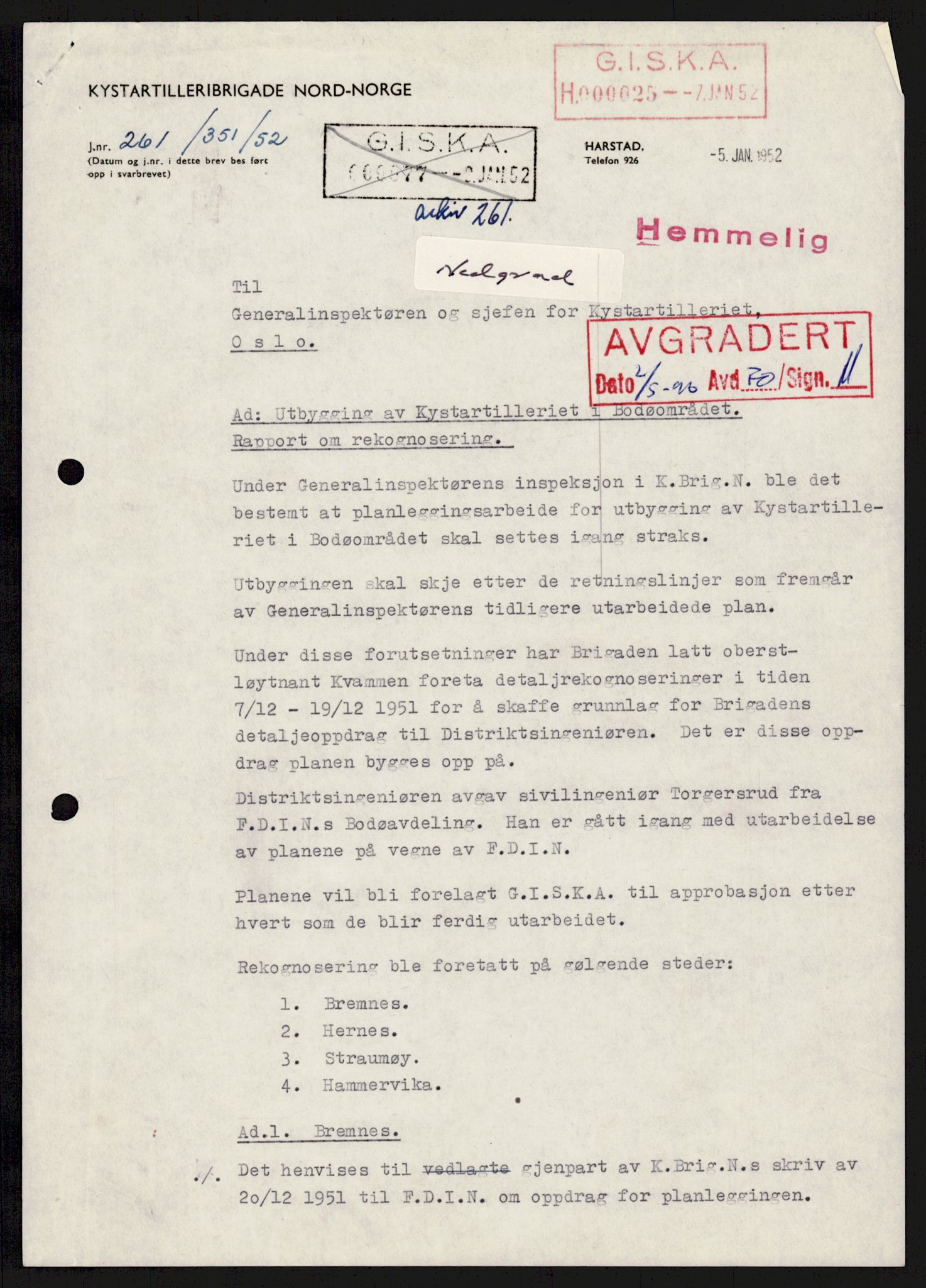 Forsvaret, Generalinspektør og sjefen for Kystartilleriet, RA/RAFA-2045/D/Da/L0031: UTBYGGING - ANLEGG / FORT, 1953, p. 2