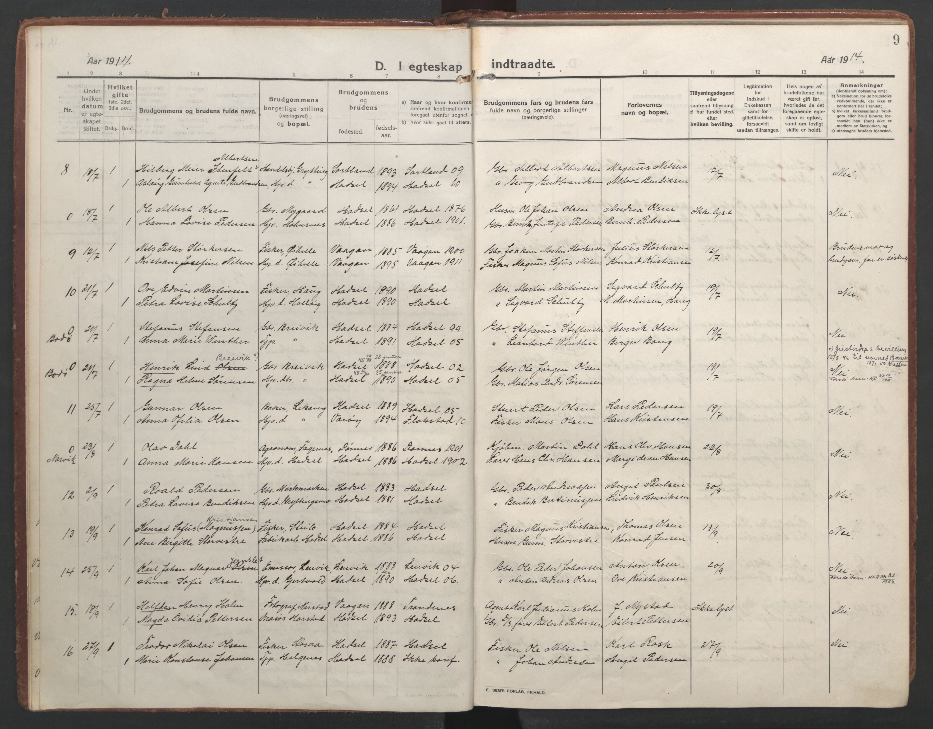 Ministerialprotokoller, klokkerbøker og fødselsregistre - Nordland, AV/SAT-A-1459/888/L1251: Parish register (official) no. 888A17, 1913-1925, p. 9