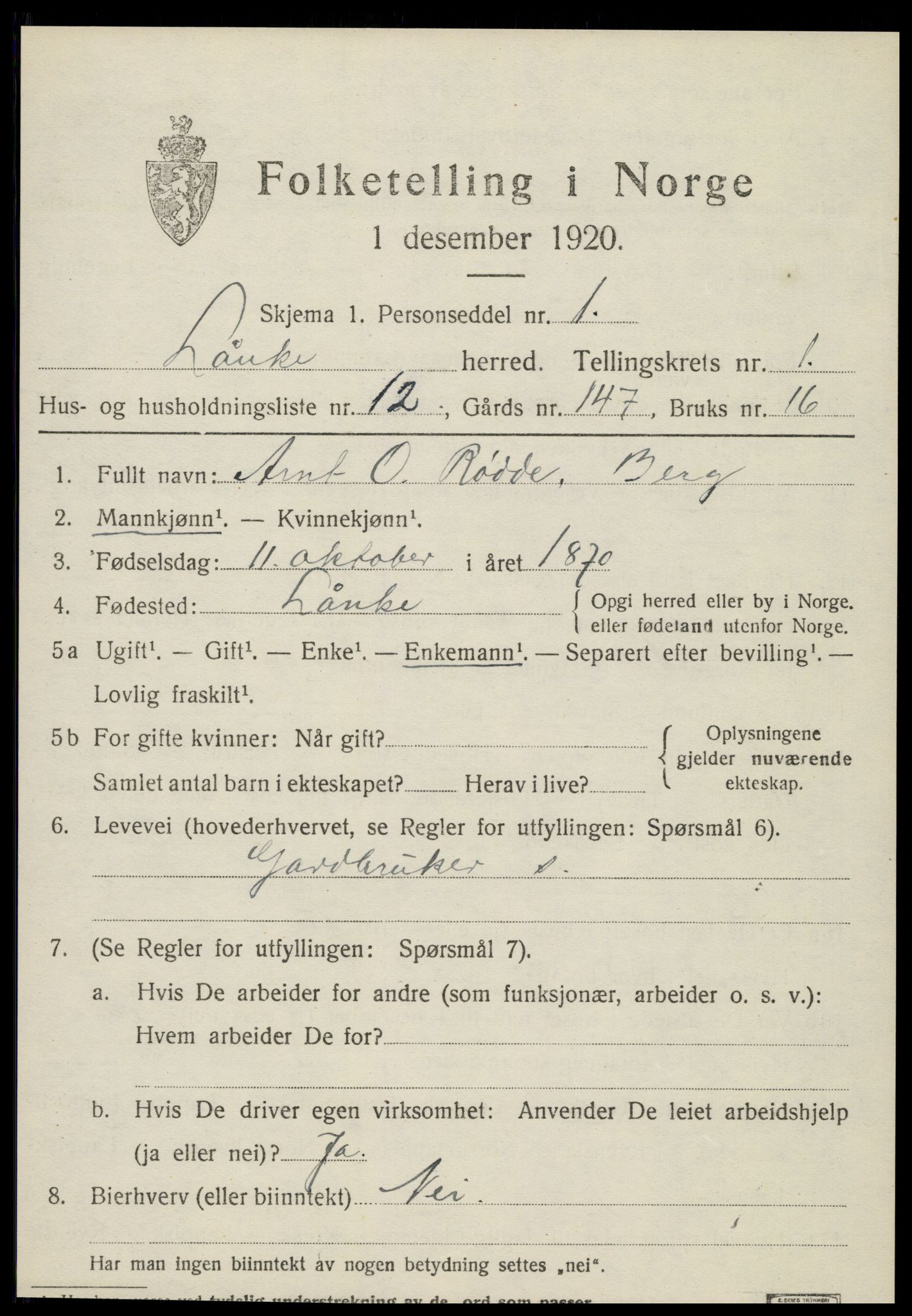 SAT, 1920 census for Lånke, 1920, p. 656