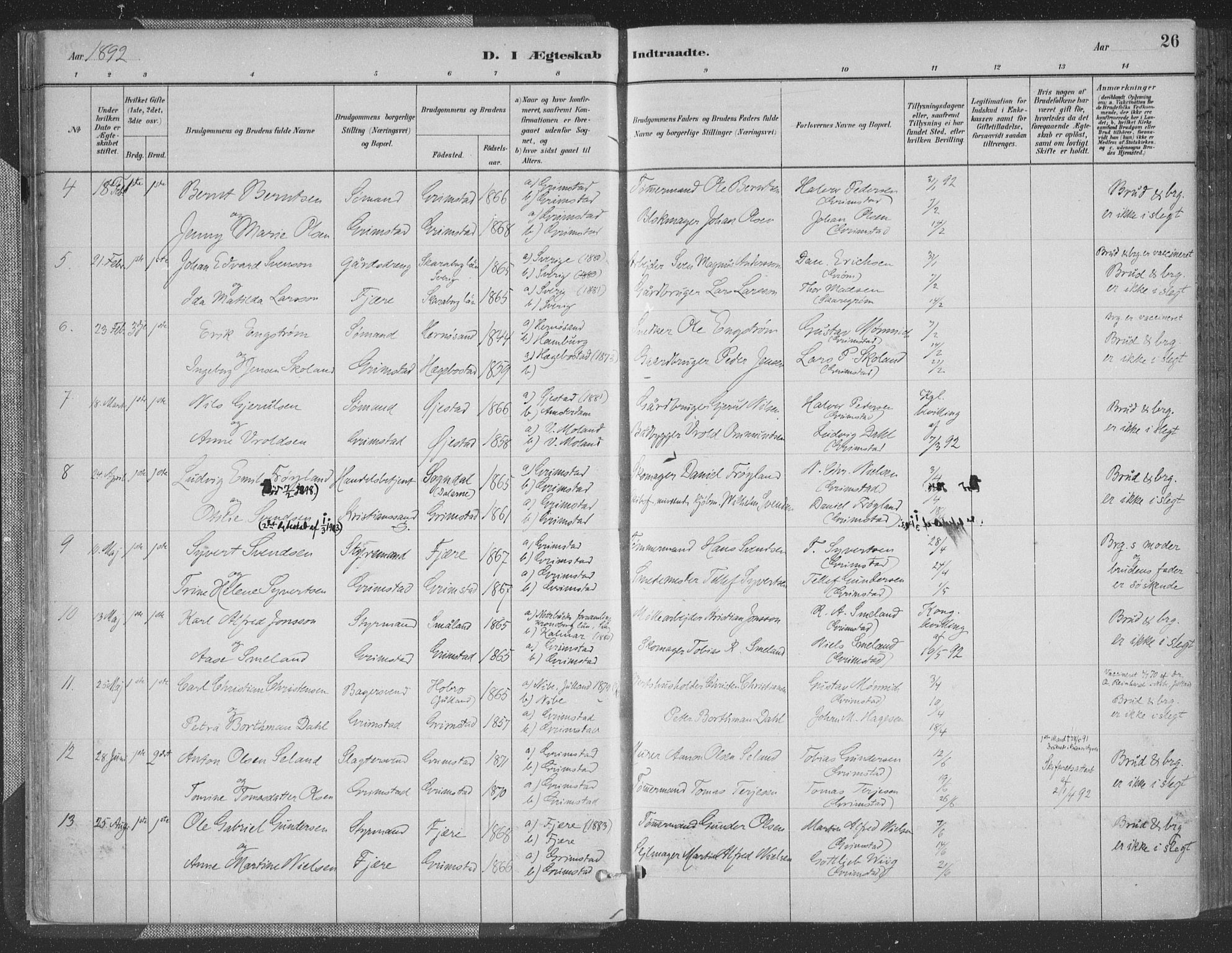 Grimstad sokneprestkontor, SAK/1111-0017/F/Fa/L0004: Parish register (official) no. A 3, 1882-1910, p. 26