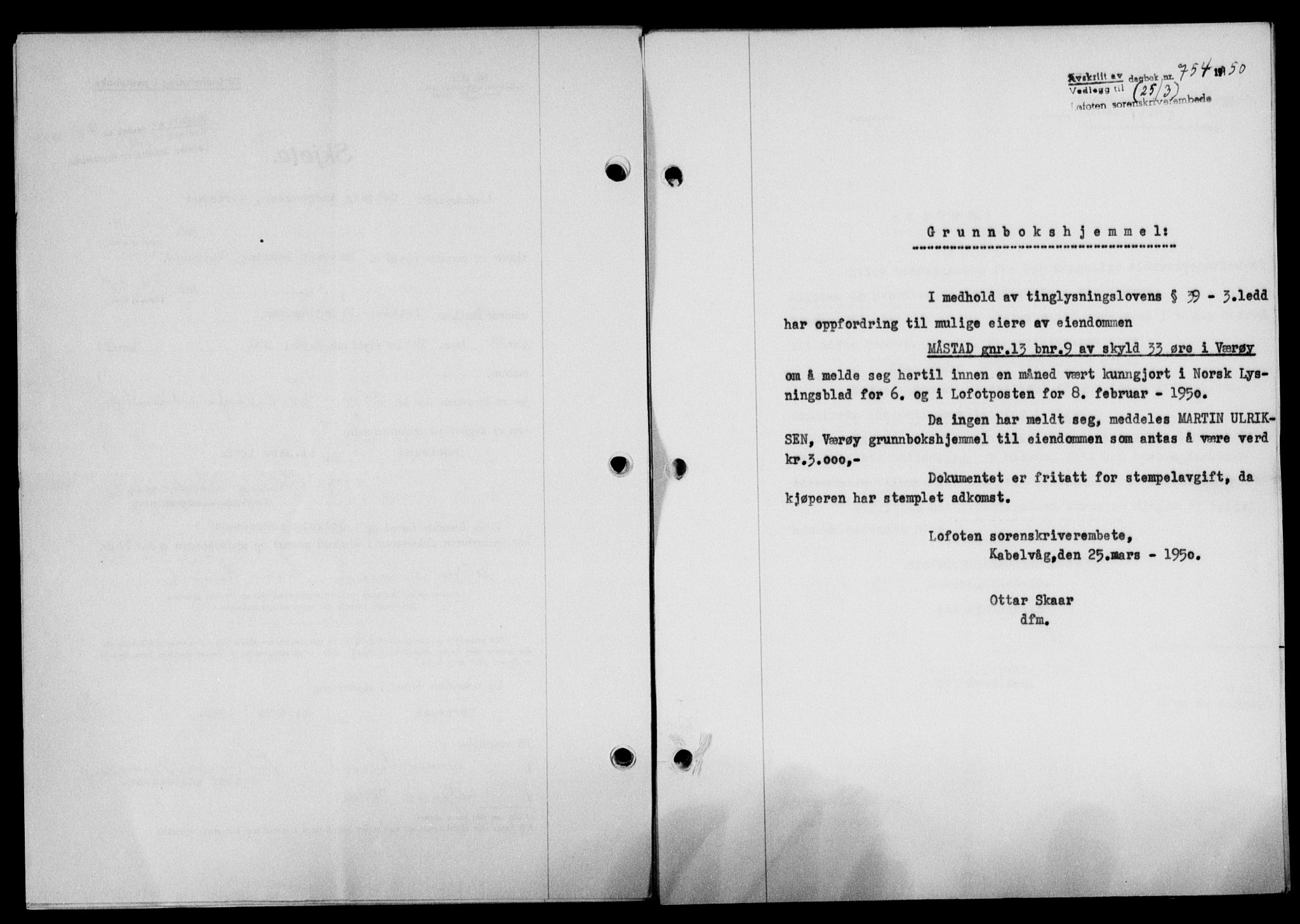 Lofoten sorenskriveri, SAT/A-0017/1/2/2C/L0023a: Mortgage book no. 23a, 1950-1950, Diary no: : 754/1950