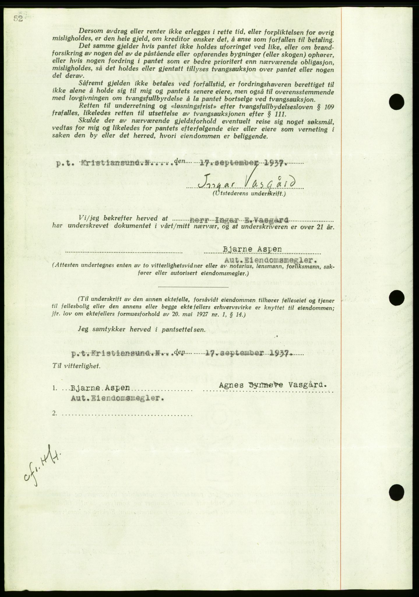 Nordmøre sorenskriveri, AV/SAT-A-4132/1/2/2Ca/L0092: Mortgage book no. B82, 1937-1938, Diary no: : 2427/1937