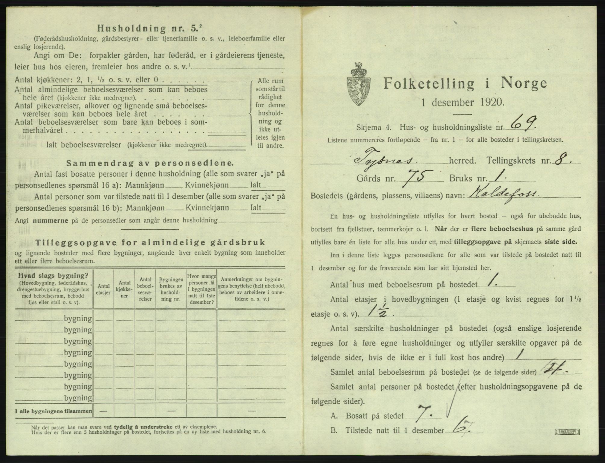 SAB, 1920 census for Tysnes, 1920, p. 807