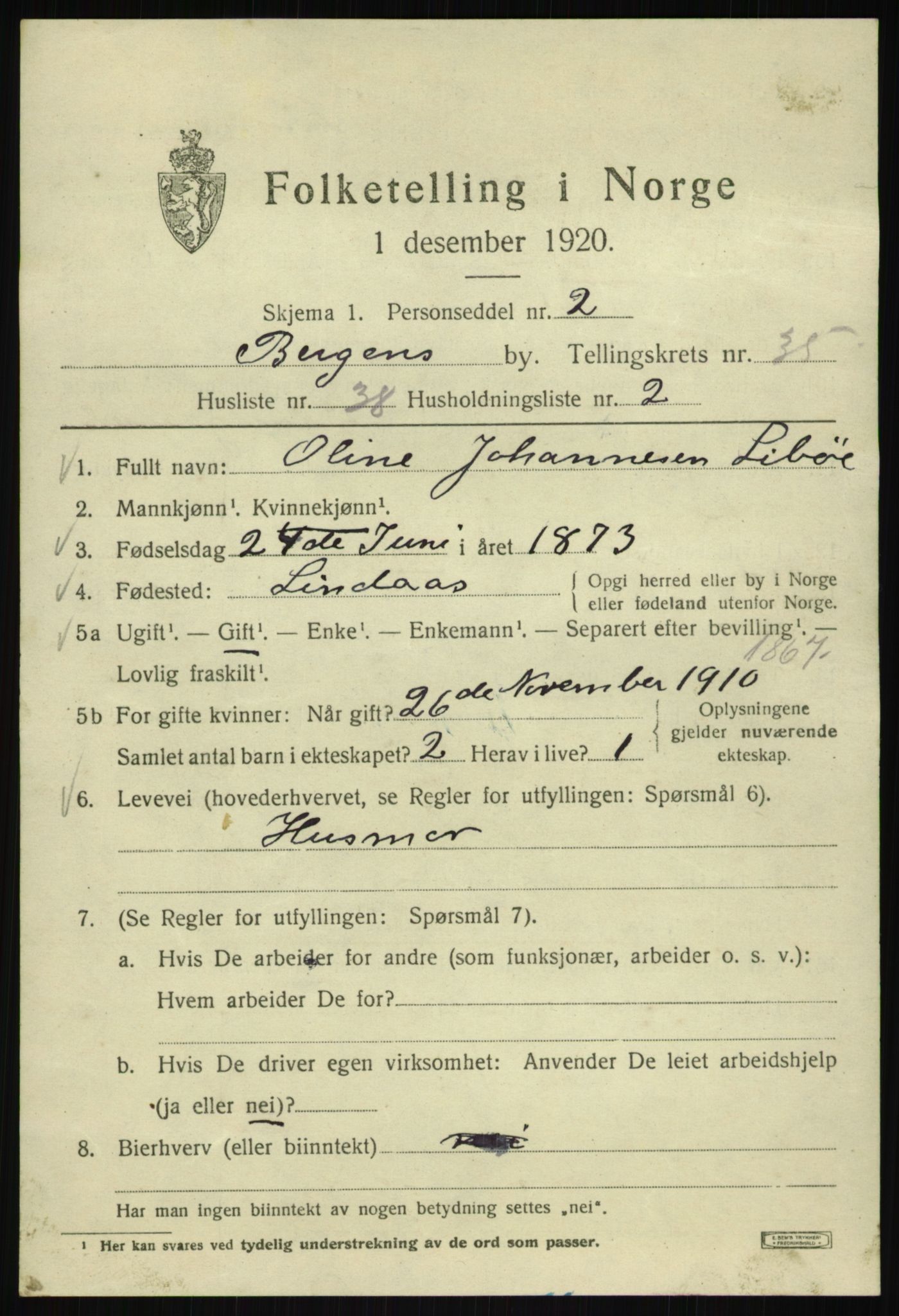 SAB, 1920 census for Bergen, 1920, p. 102752