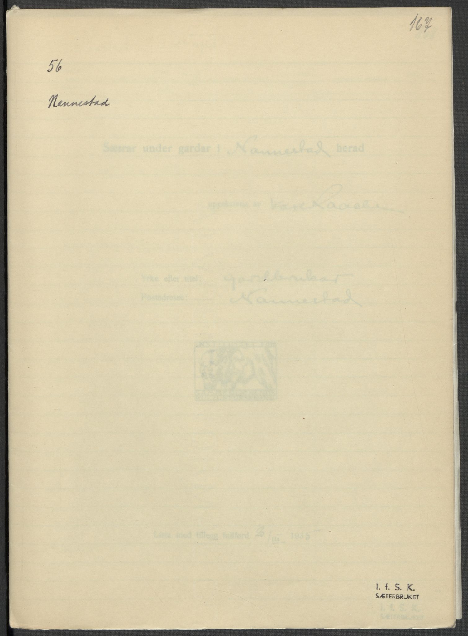 Instituttet for sammenlignende kulturforskning, RA/PA-0424/F/Fc/L0002/0002: Eske B2: / Akershus (perm II), 1932-1936, p. 167