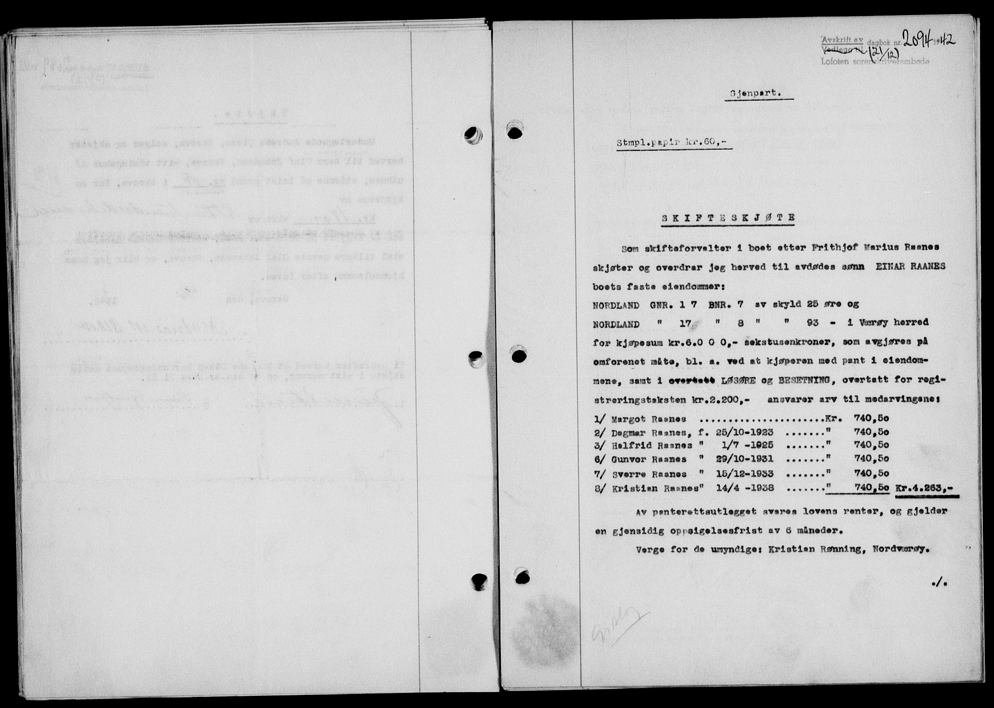 Lofoten sorenskriveri, SAT/A-0017/1/2/2C/L0010a: Mortgage book no. 10a, 1942-1943, Diary no: : 2094/1942