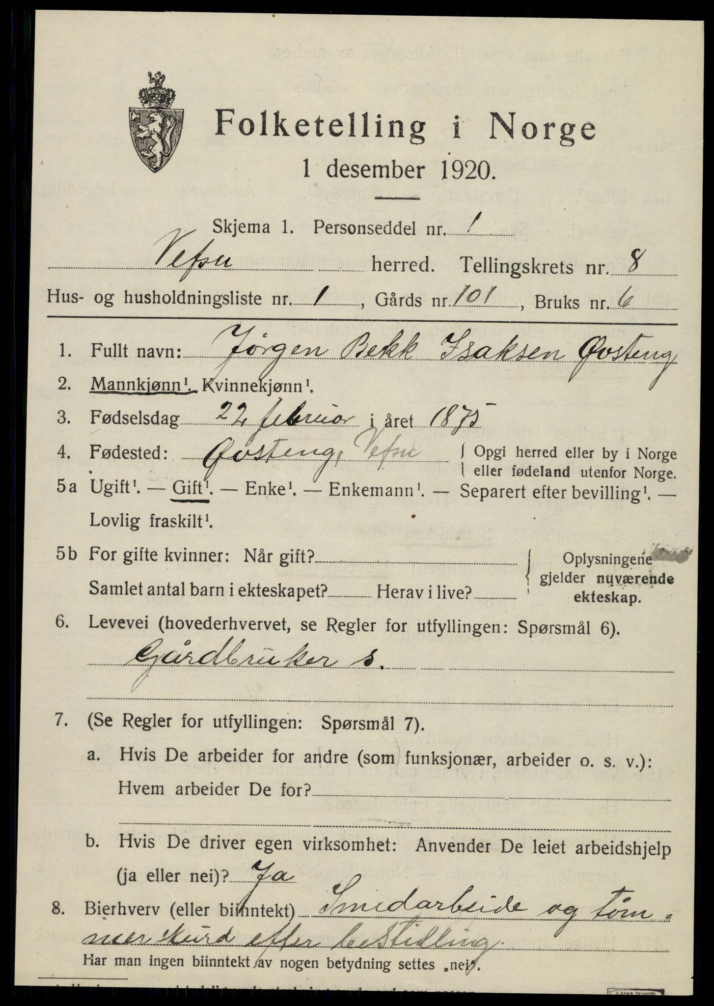 SAT, 1920 census for Vefsn, 1920, p. 5305