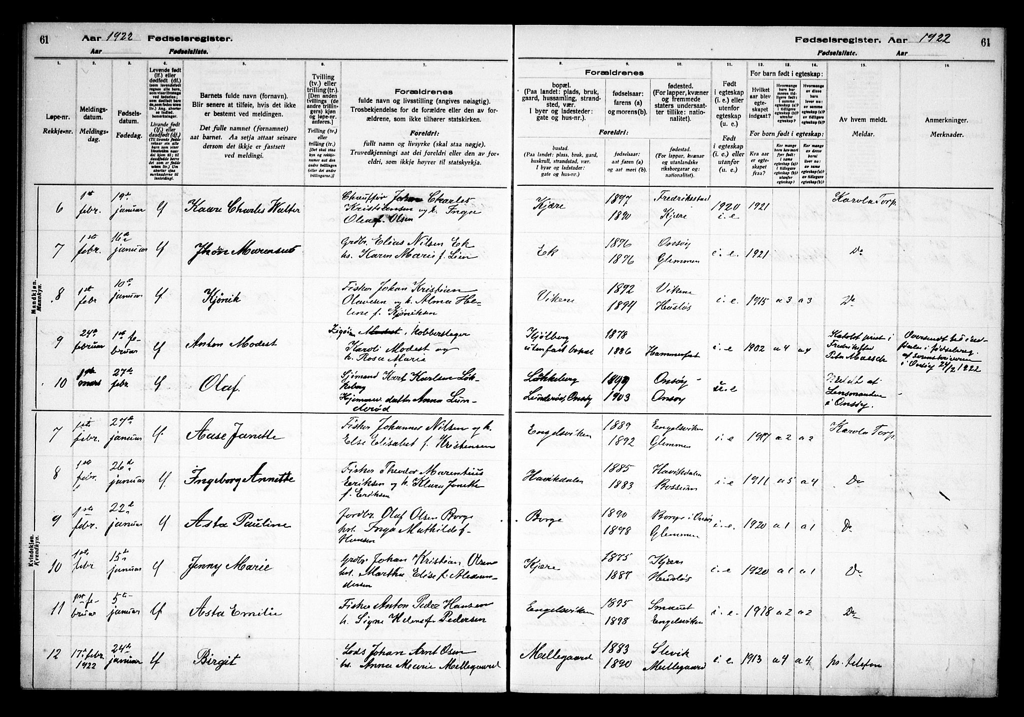 Onsøy prestekontor Kirkebøker, AV/SAO-A-10914/J/Ja/L0001: Birth register no. I 1, 1916-1937, p. 61