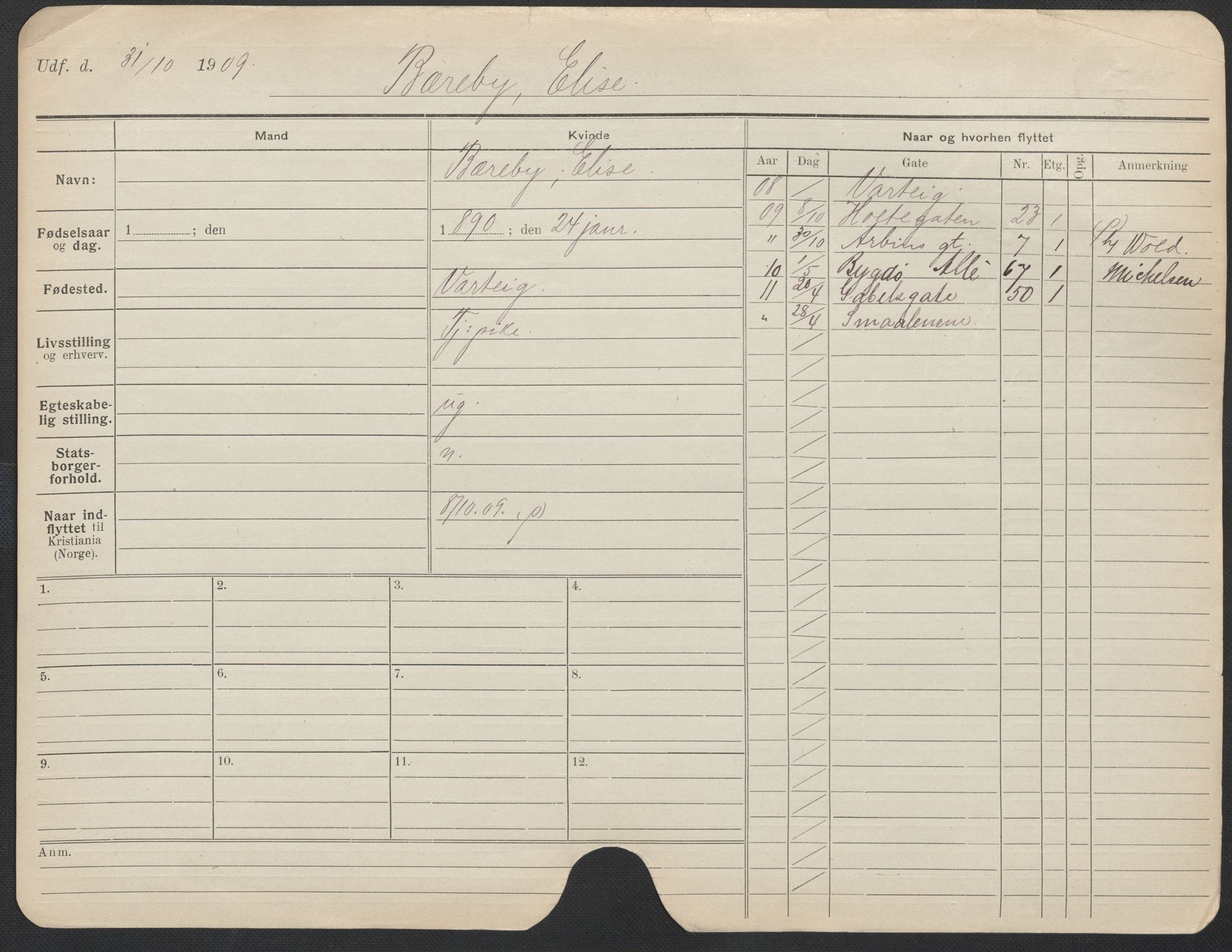 Oslo folkeregister, Registerkort, AV/SAO-A-11715/F/Fa/Fac/L0013: Kvinner, 1906-1914, p. 74a