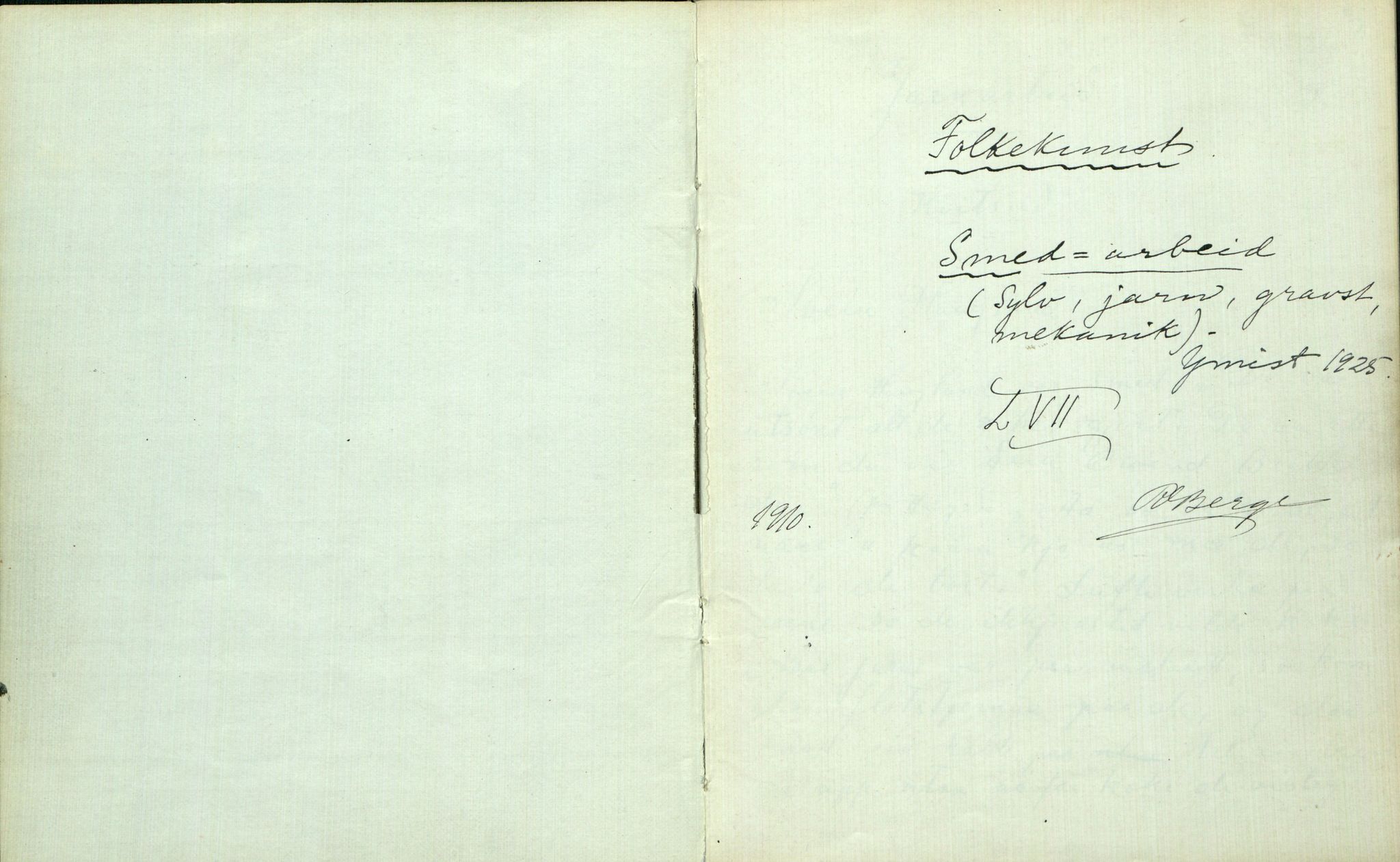 Rikard Berge, TEMU/TGM-A-1003/F/L0002/0027: 031-060 Innholdslister / 57 Folkekunst. Smedarbeid. (Sylv, jarn, gravst, mekanik), 1910, p. 1