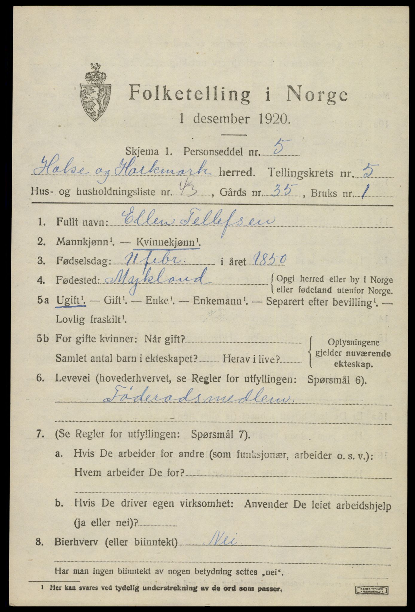 SAK, 1920 census for Halse og Harkmark, 1920, p. 3398