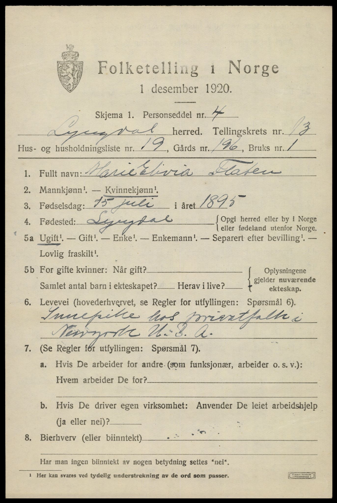 SAK, 1920 census for Lyngdal, 1920, p. 6001