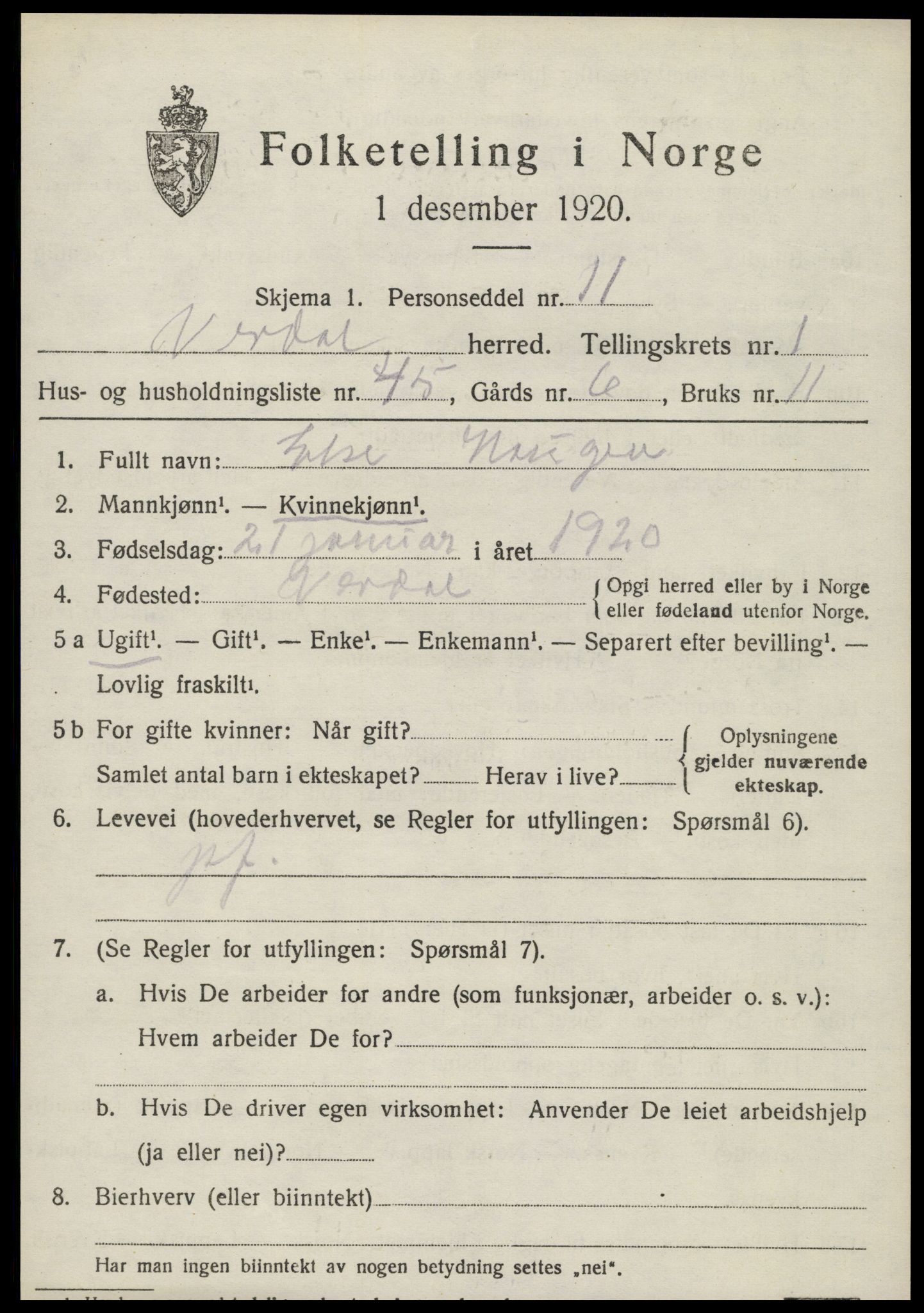 SAT, 1920 census for Verdal, 1920, p. 2895