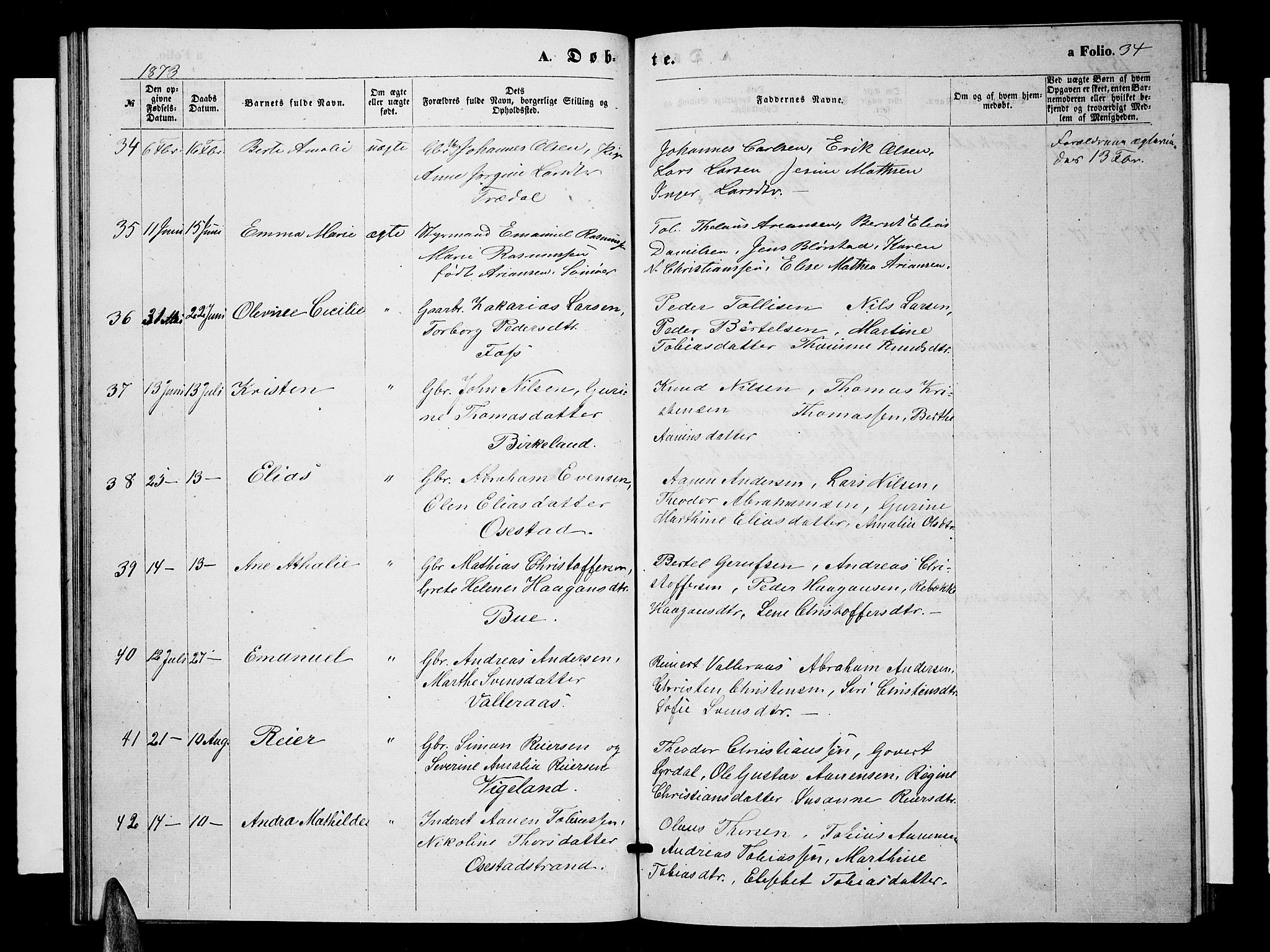 Sør-Audnedal sokneprestkontor, AV/SAK-1111-0039/F/Fb/Fbb/L0004: Parish register (copy) no. B 4, 1868-1879, p. 34