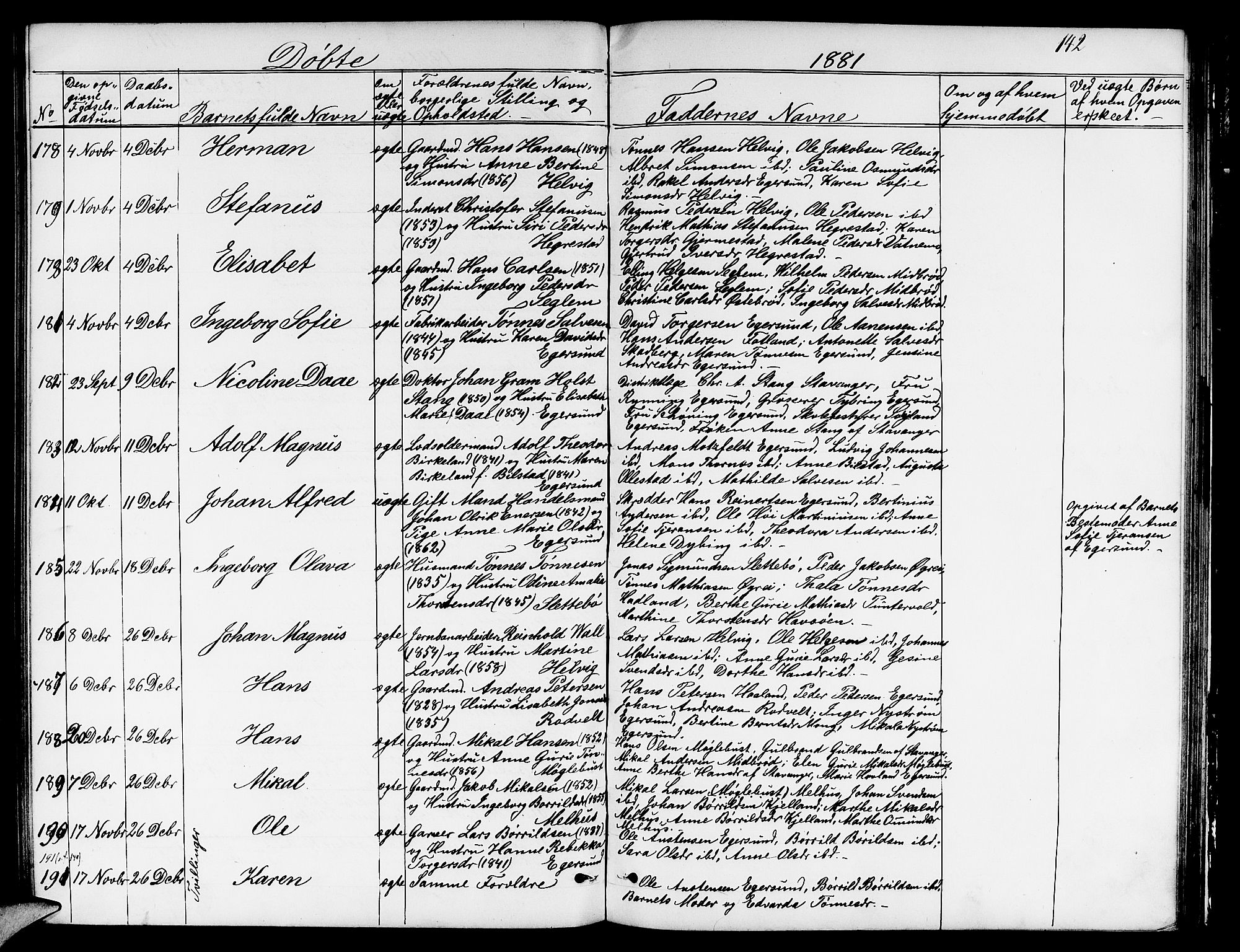 Eigersund sokneprestkontor, AV/SAST-A-101807/S09/L0005: Parish register (copy) no. B 5, 1872-1881, p. 142