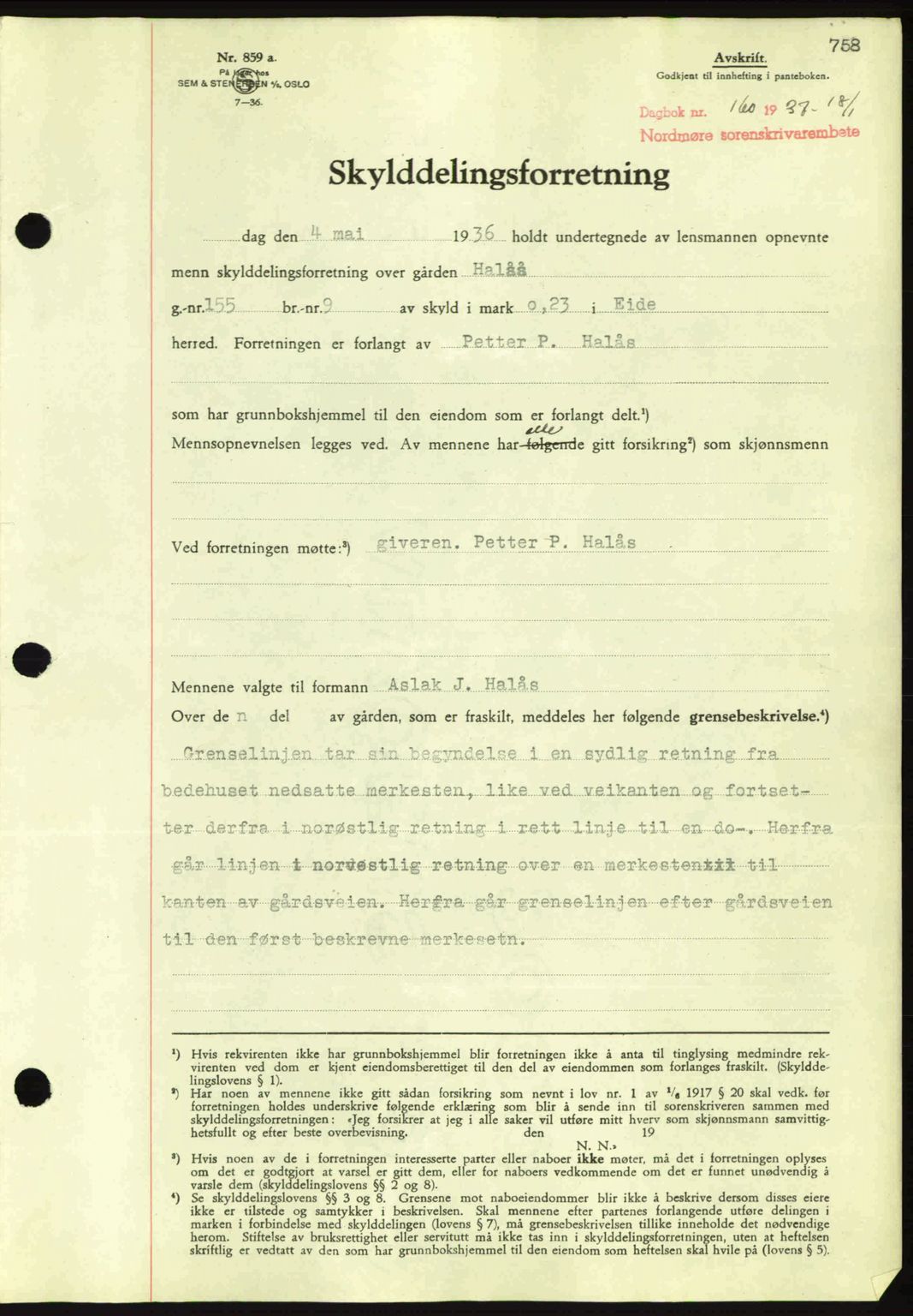 Nordmøre sorenskriveri, AV/SAT-A-4132/1/2/2Ca: Mortgage book no. A80, 1936-1937, Diary no: : 160/1937