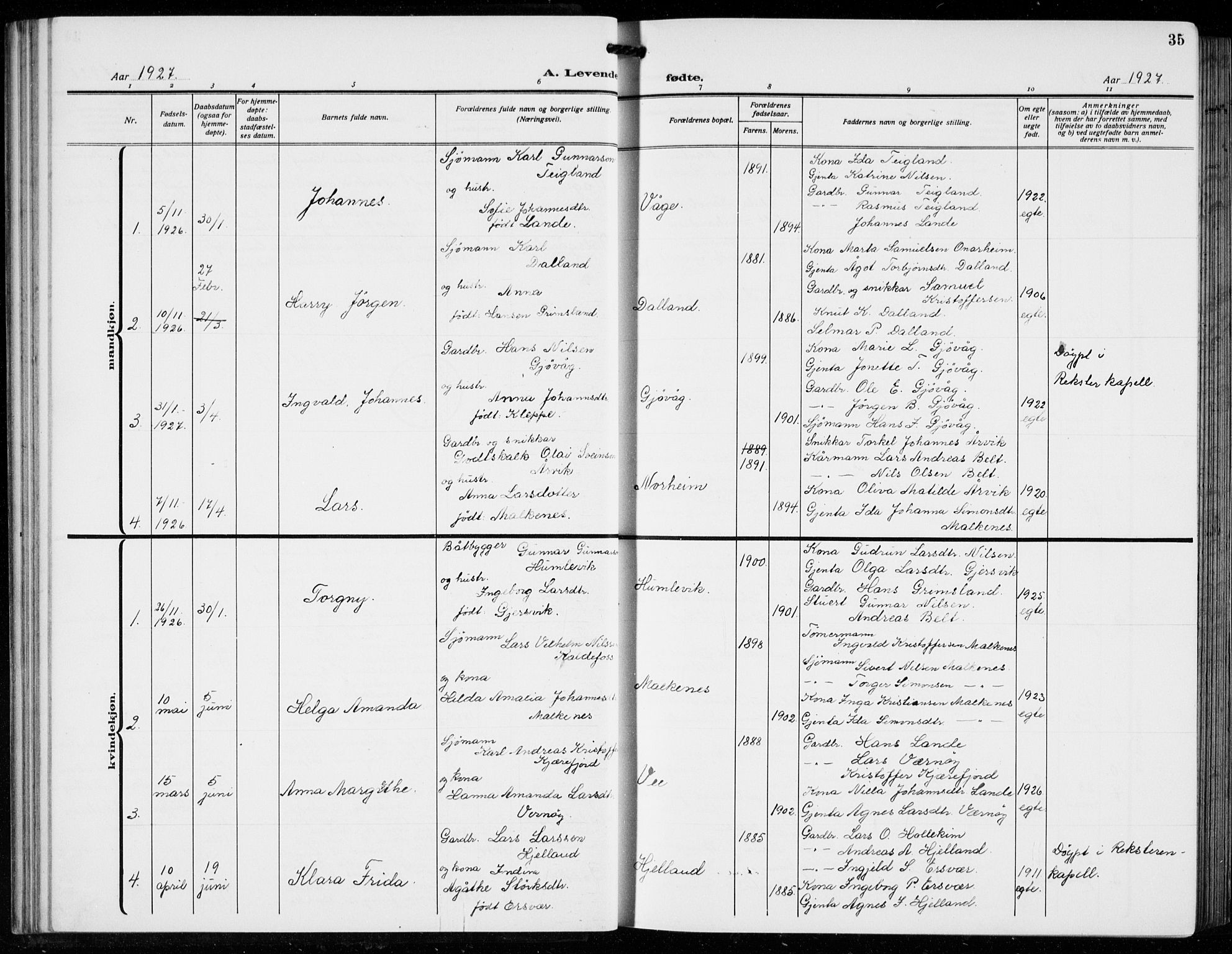 Tysnes sokneprestembete, SAB/A-78601/H/Hab: Parish register (copy) no. B  3, 1918-1935, p. 35