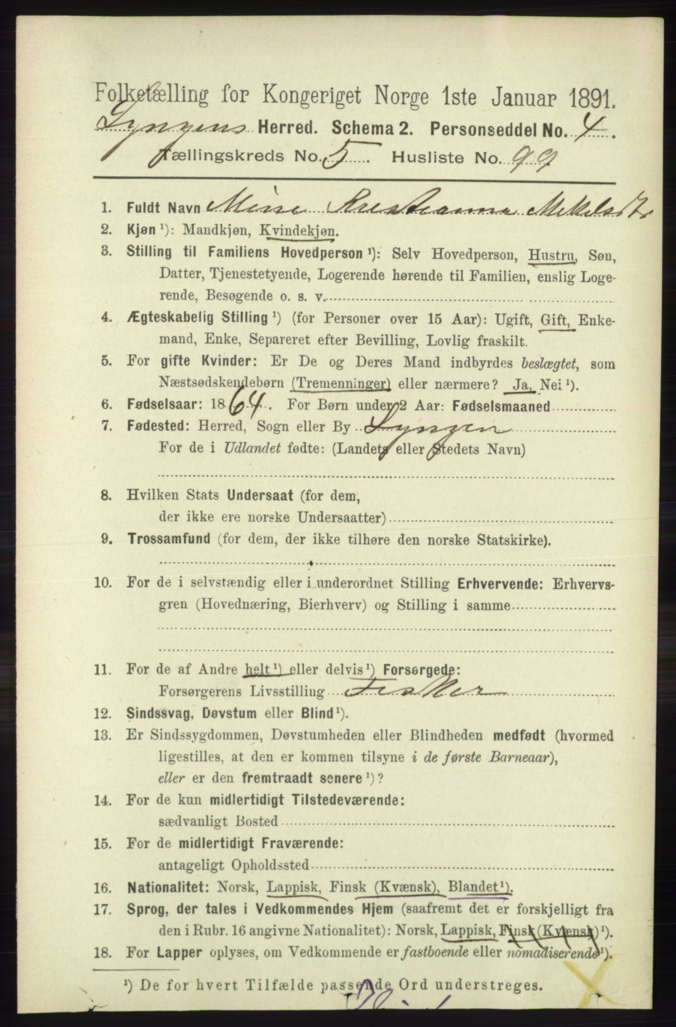 RA, 1891 census for 1938 Lyngen, 1891, p. 5079