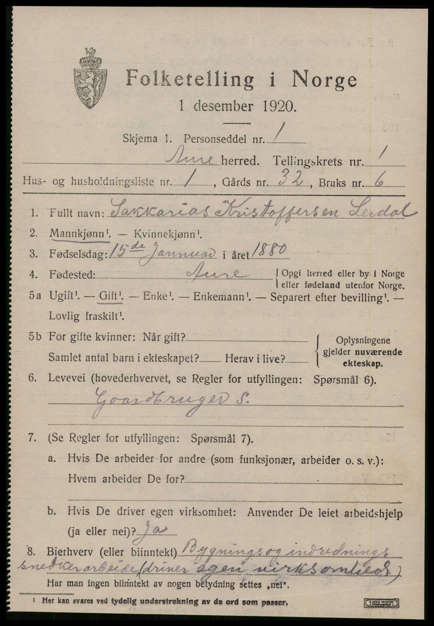 SAT, 1920 census for Aure, 1920, p. 928