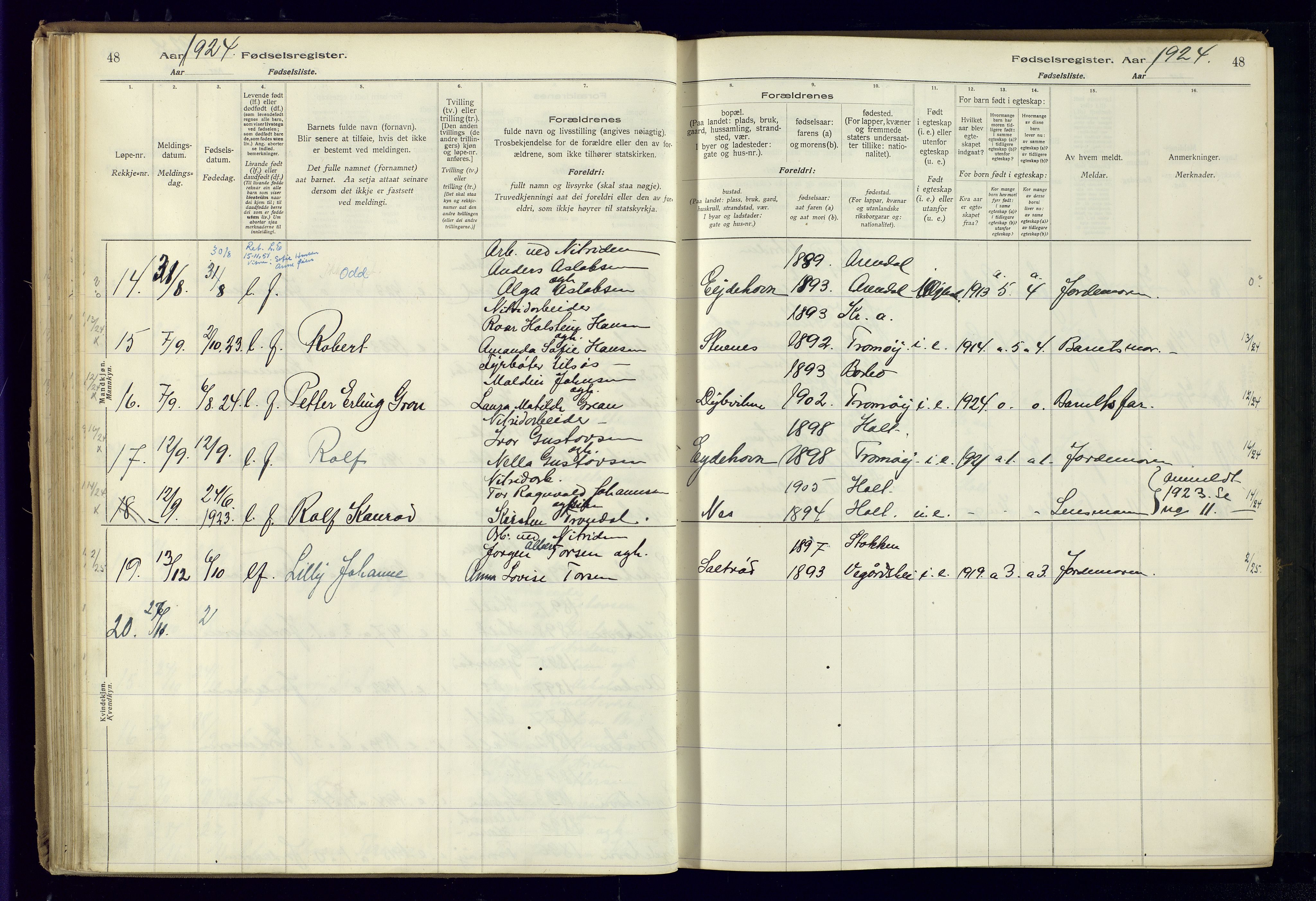 Austre Moland sokneprestkontor, SAK/1111-0001/J/Ja/L0003: Birth register no. A-VI-27, 1916-1950, p. 48