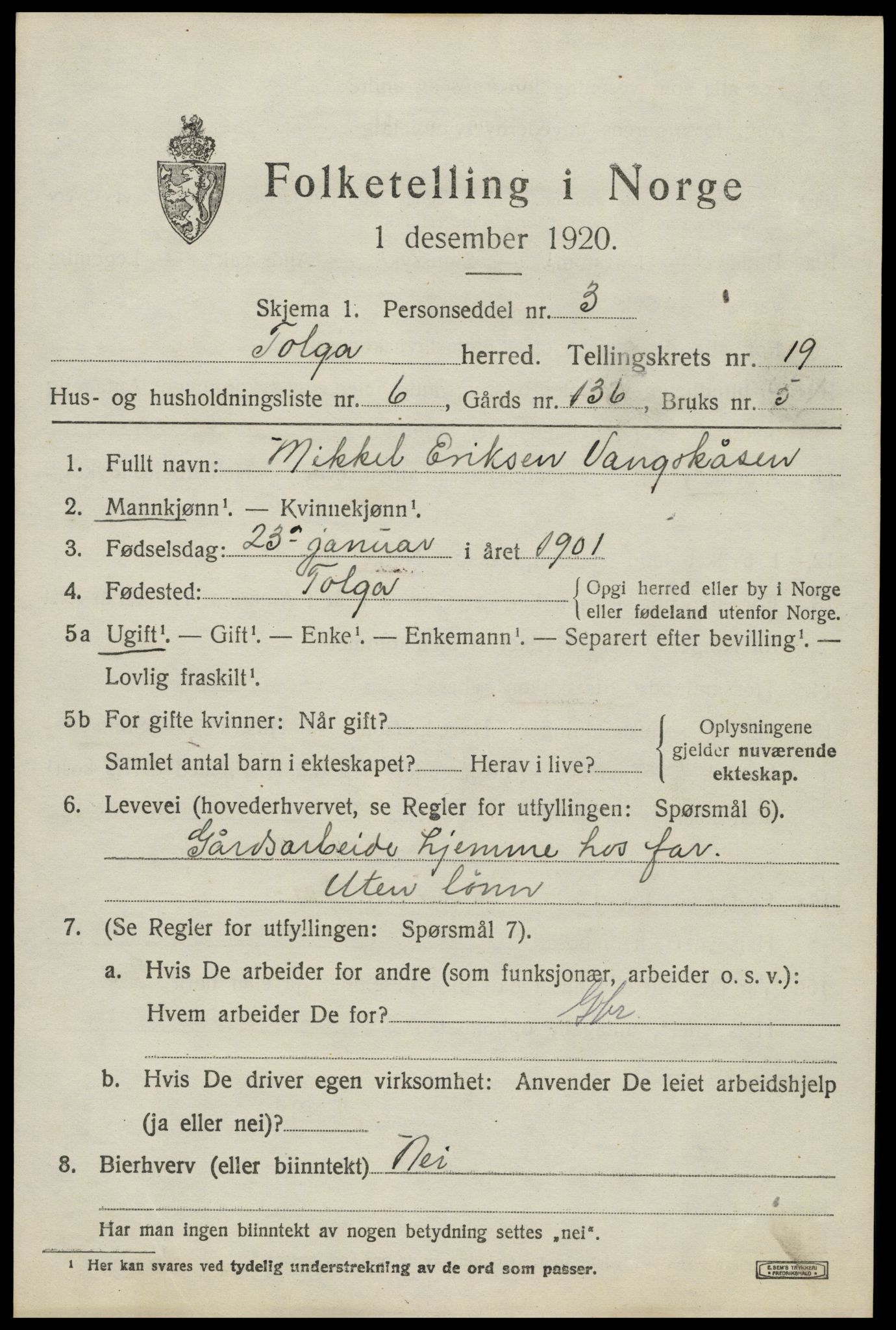 SAH, 1920 census for Tolga, 1920, p. 8543