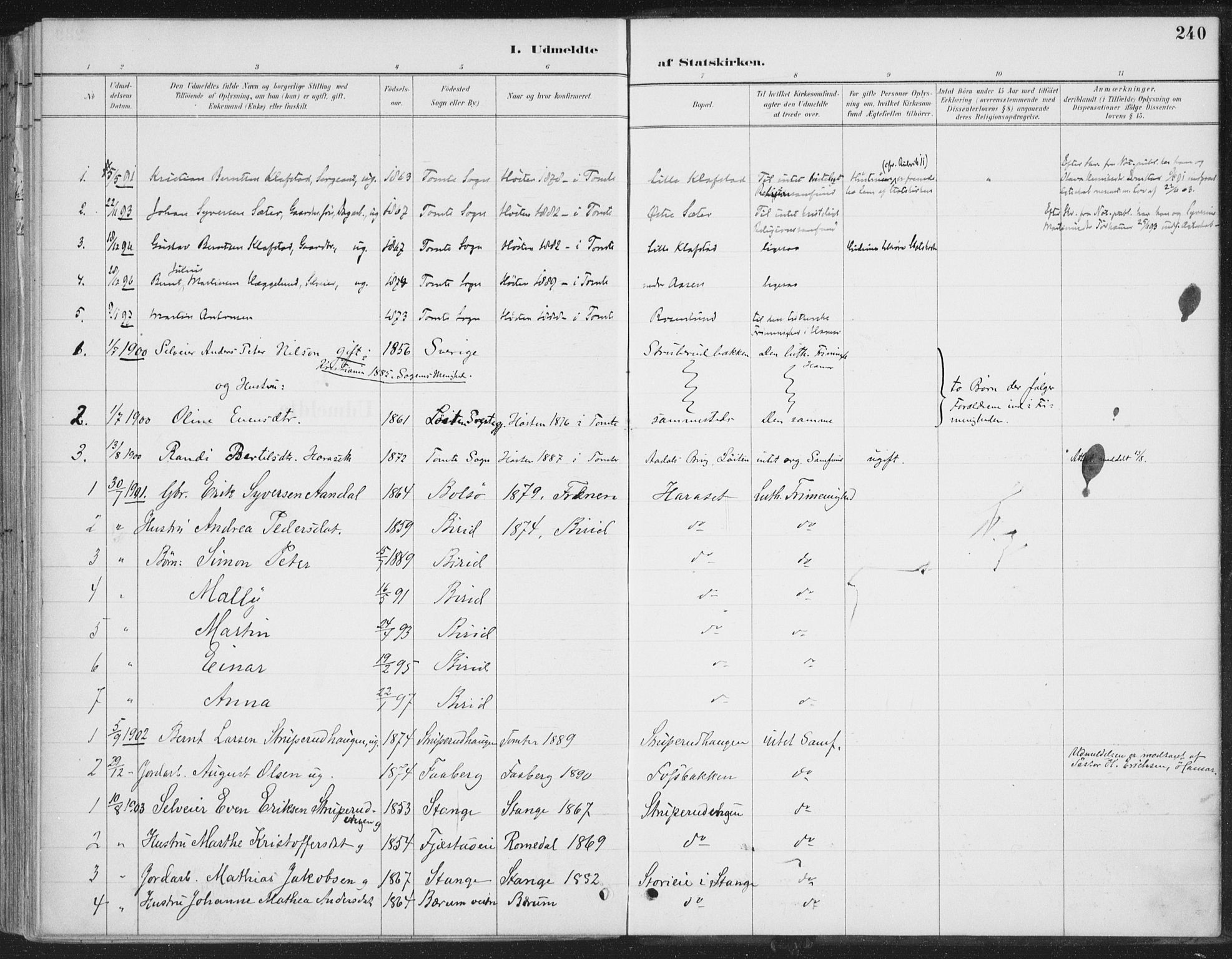 Romedal prestekontor, SAH/PREST-004/K/L0008: Parish register (official) no. 8, 1887-1905, p. 240