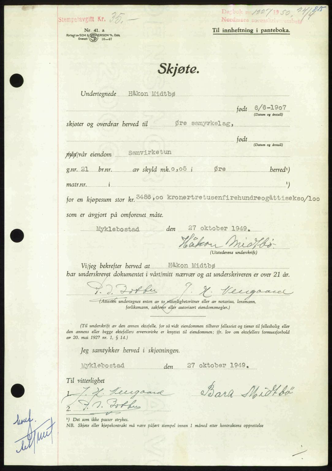 Nordmøre sorenskriveri, AV/SAT-A-4132/1/2/2Ca: Mortgage book no. A114, 1950-1950, Diary no: : 1227/1950