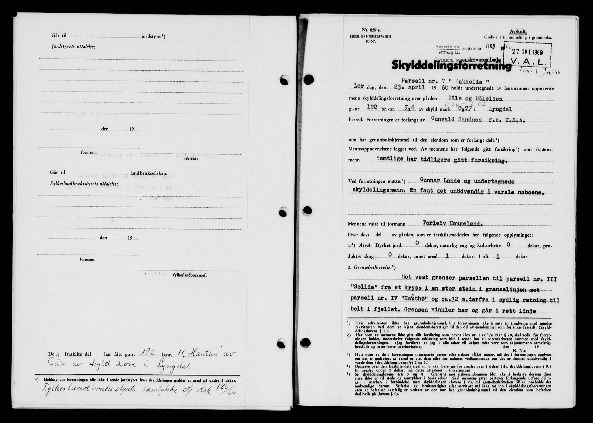 Lyngdal sorenskriveri, AV/SAK-1221-0004/G/Gb/L0680: Mortgage book no. A XXVI, 1960-1960, Diary no: : 1180/1960