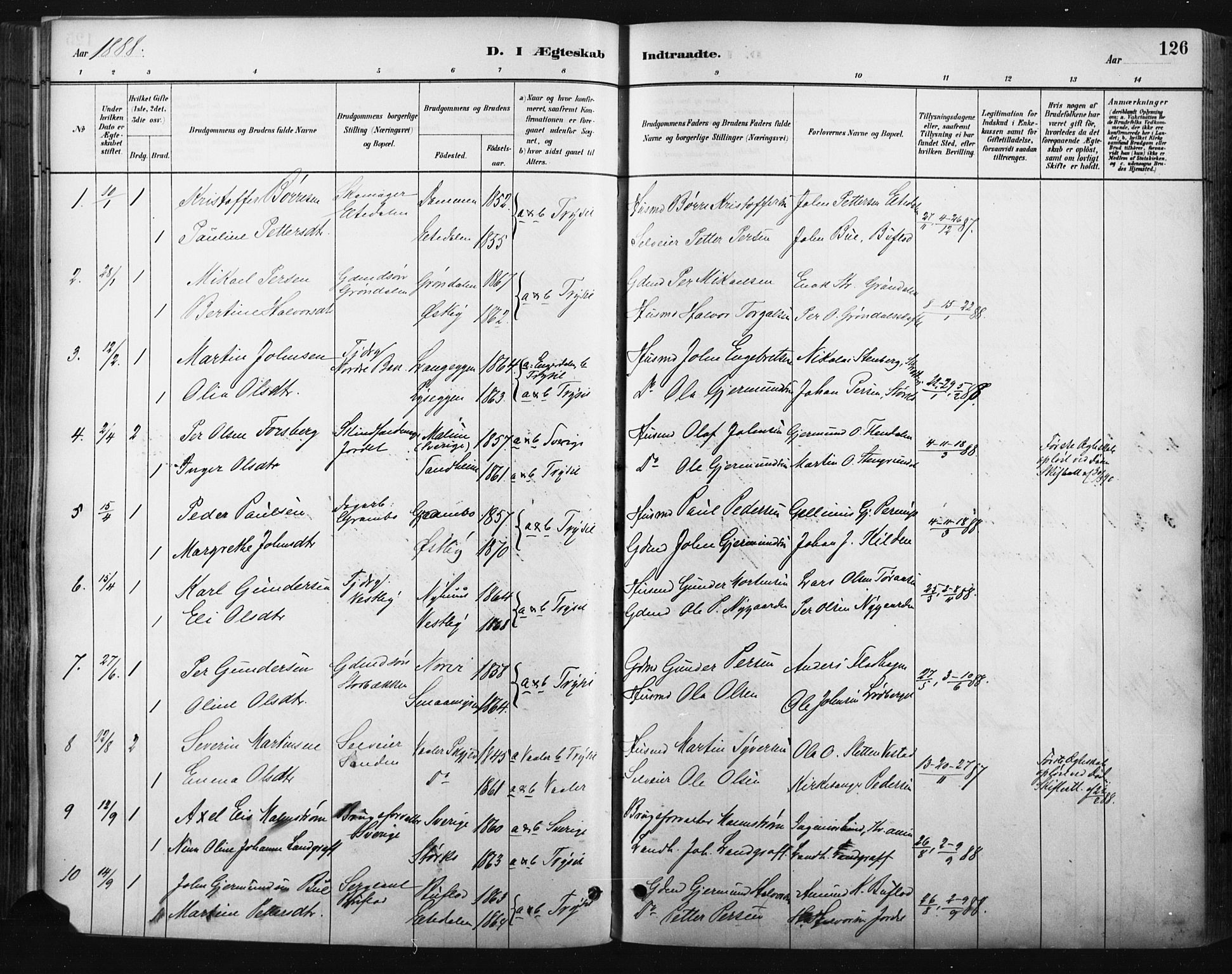 Trysil prestekontor, SAH/PREST-046/H/Ha/Haa/L0009: Parish register (official) no. 9, 1881-1897, p. 126