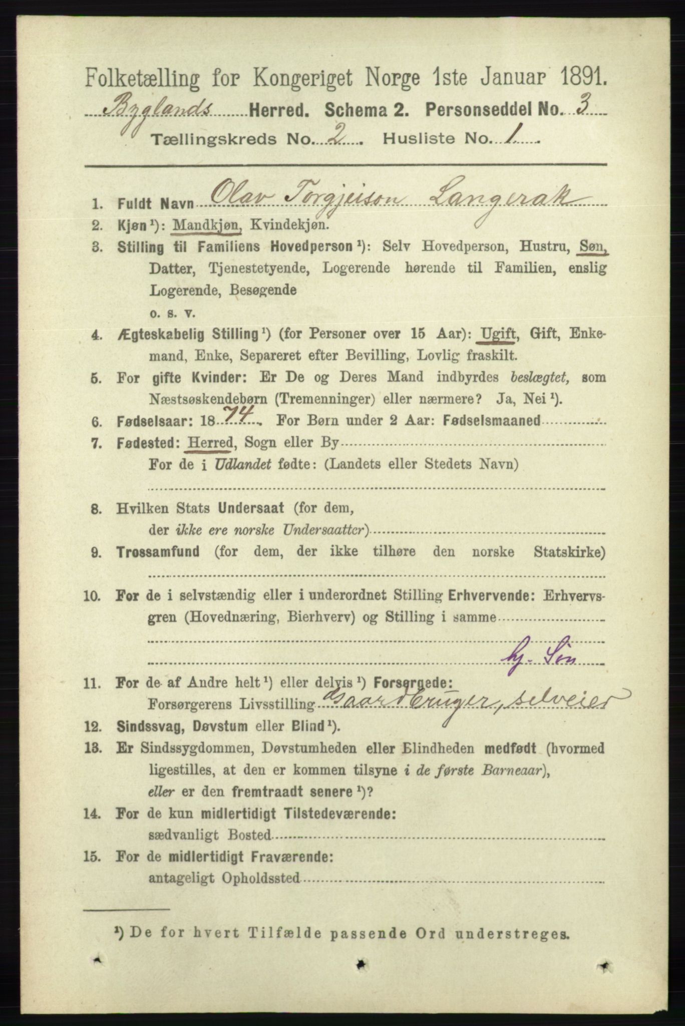 RA, 1891 census for 0938 Bygland, 1891, p. 257