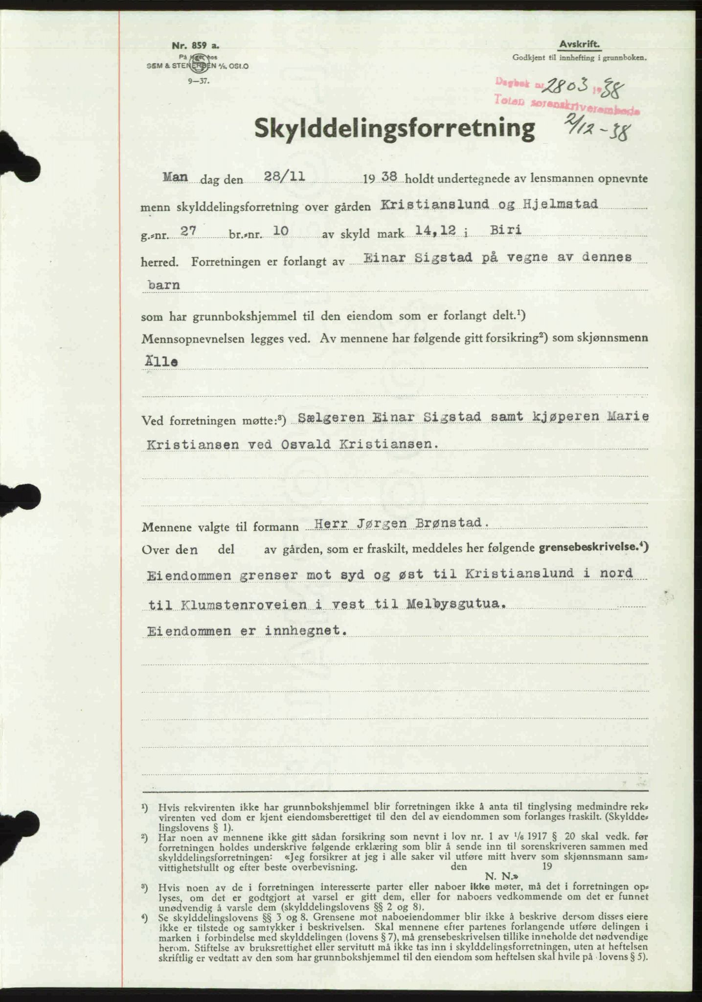 Toten tingrett, AV/SAH-TING-006/H/Hb/Hbc/L0005: Mortgage book no. Hbc-05, 1938-1939, Diary no: : 2803/1938