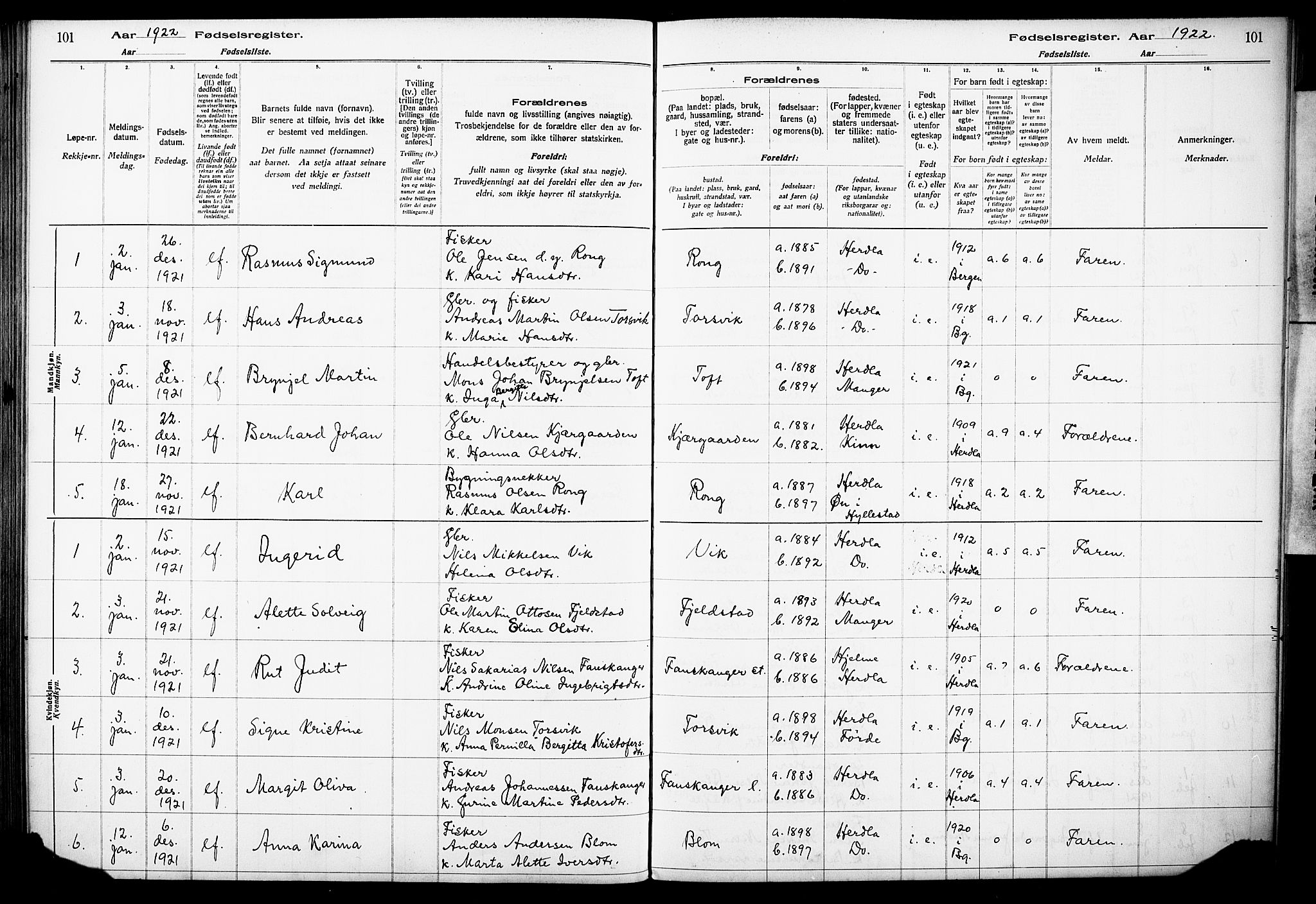 Herdla Sokneprestembete, AV/SAB-A-75701/I/Id/L00A1: Birth register no. A 1, 1916-1929, p. 101