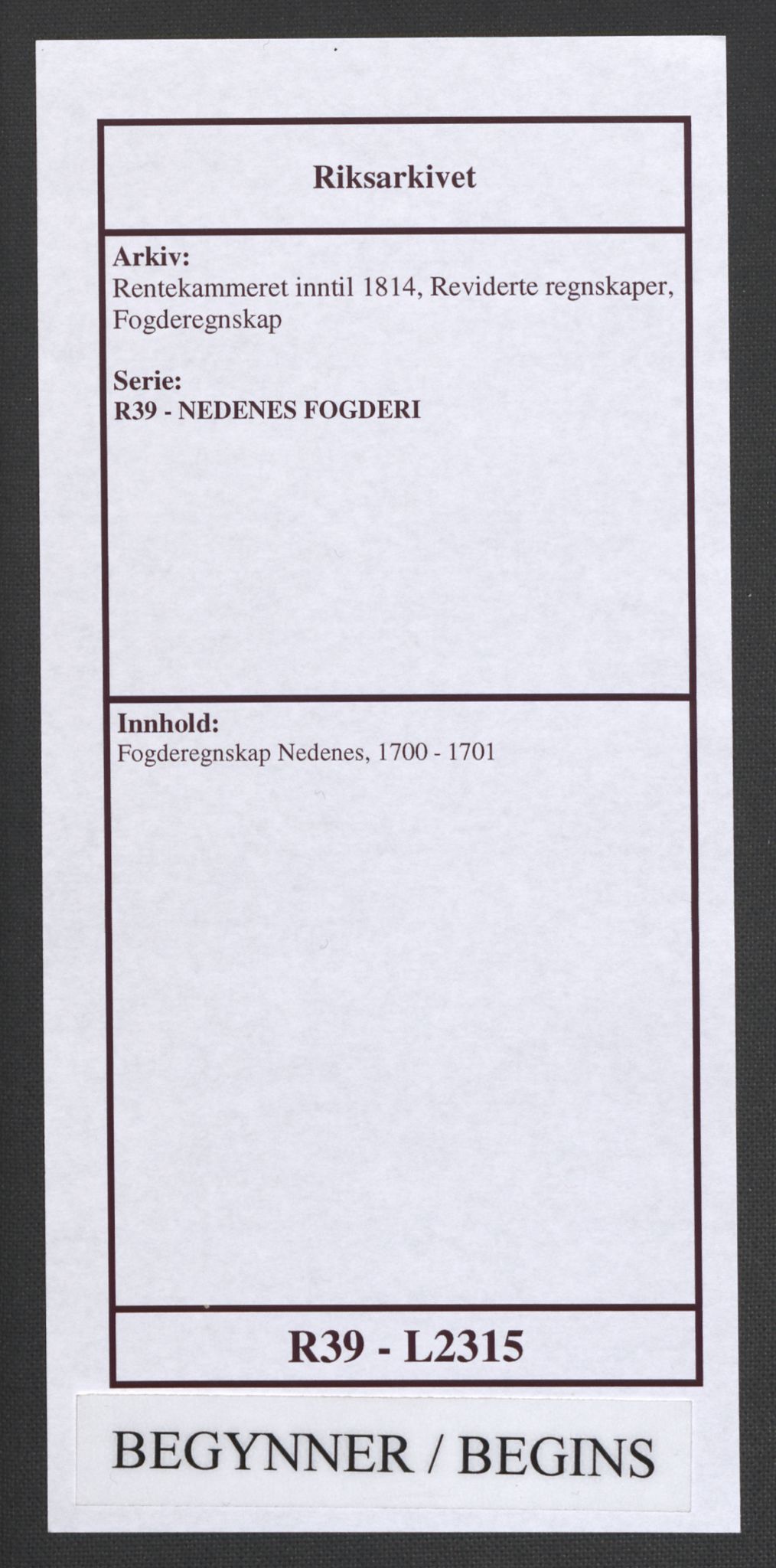 Rentekammeret inntil 1814, Reviderte regnskaper, Fogderegnskap, AV/RA-EA-4092/R39/L2315: Fogderegnskap Nedenes, 1700-1701, p. 1