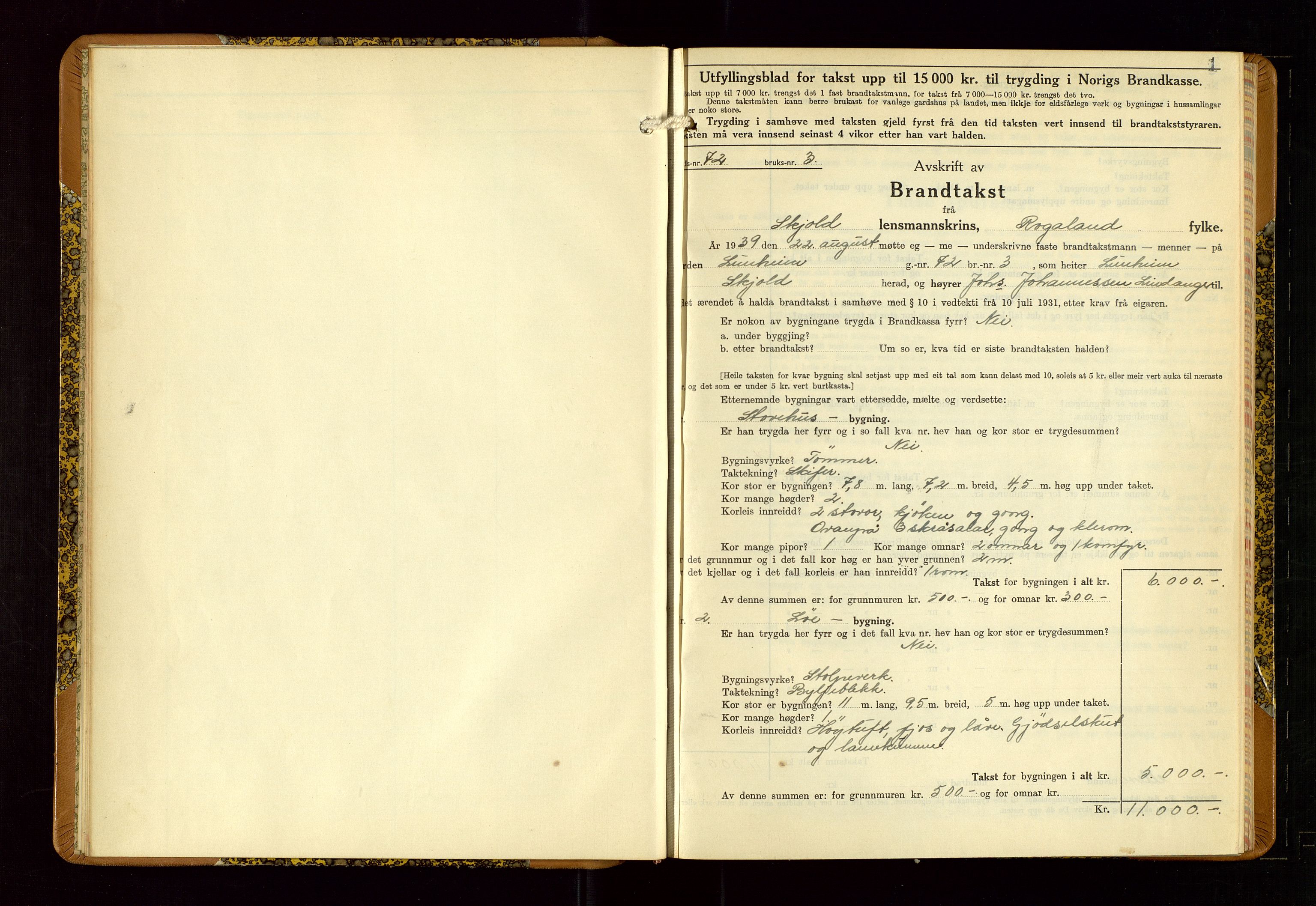 Skjold lensmannskontor, SAST/A-100182/Gob/L0002: "Branntakstbok for Skjold lensmannskrins Rogaland fylke", 1939-1952, p. 1