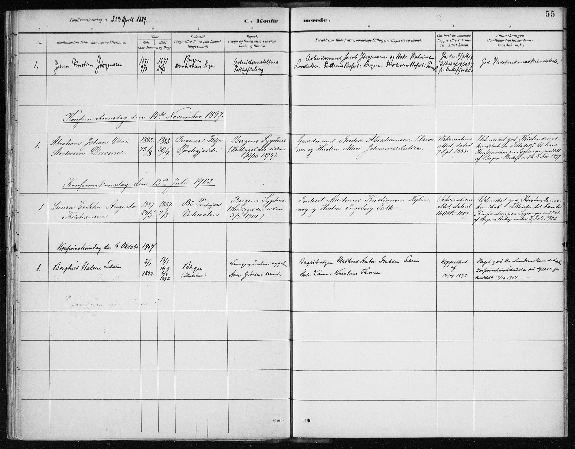 Bergen kommunale pleiehjem - stiftelsespresten, SAB/A-100281: Parish register (official) no. A 2, 1887-1939, p. 55
