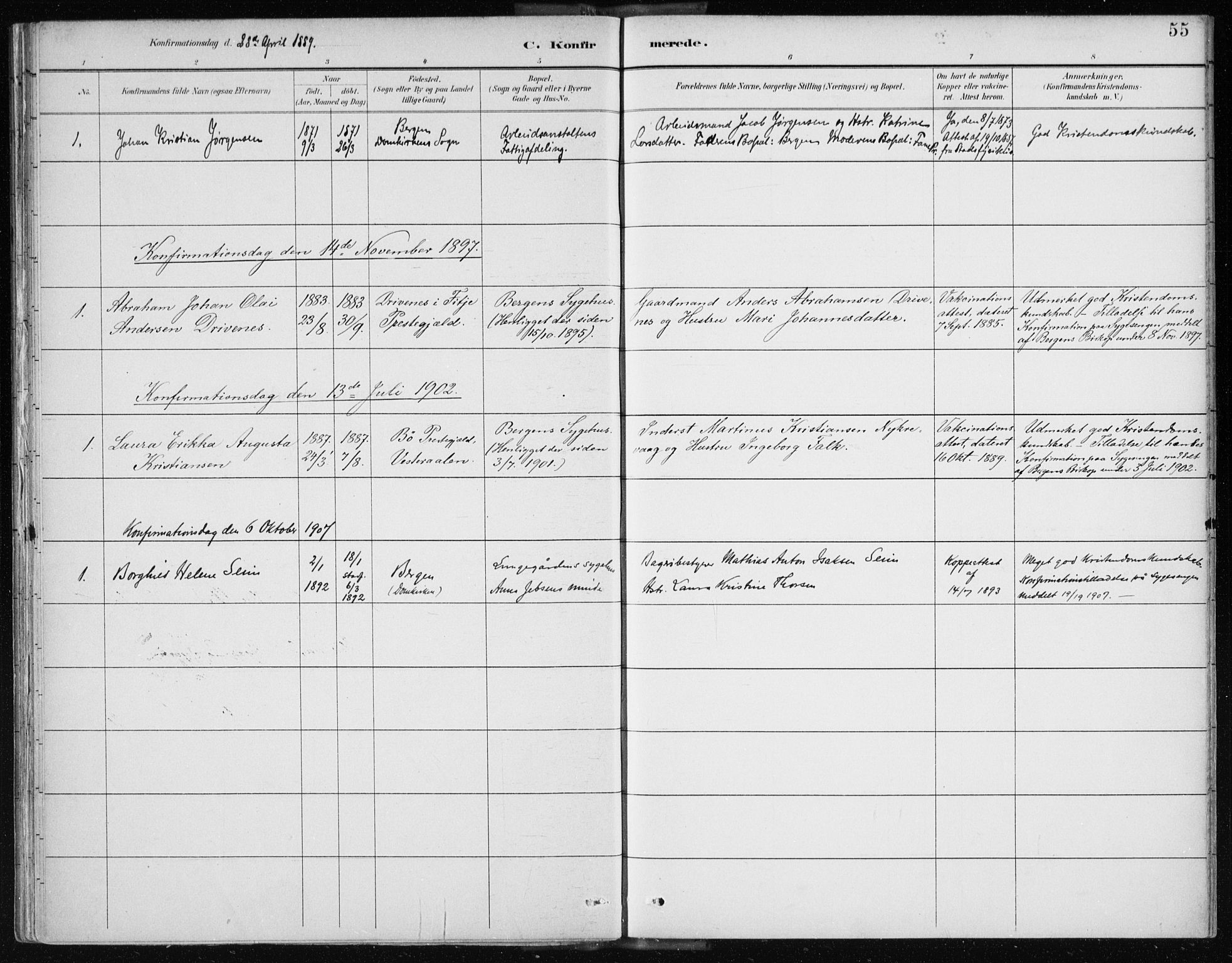 Bergen kommunale pleiehjem - stiftelsespresten, AV/SAB-A-100281: Parish register (official) no. A 2, 1887-1939, p. 55