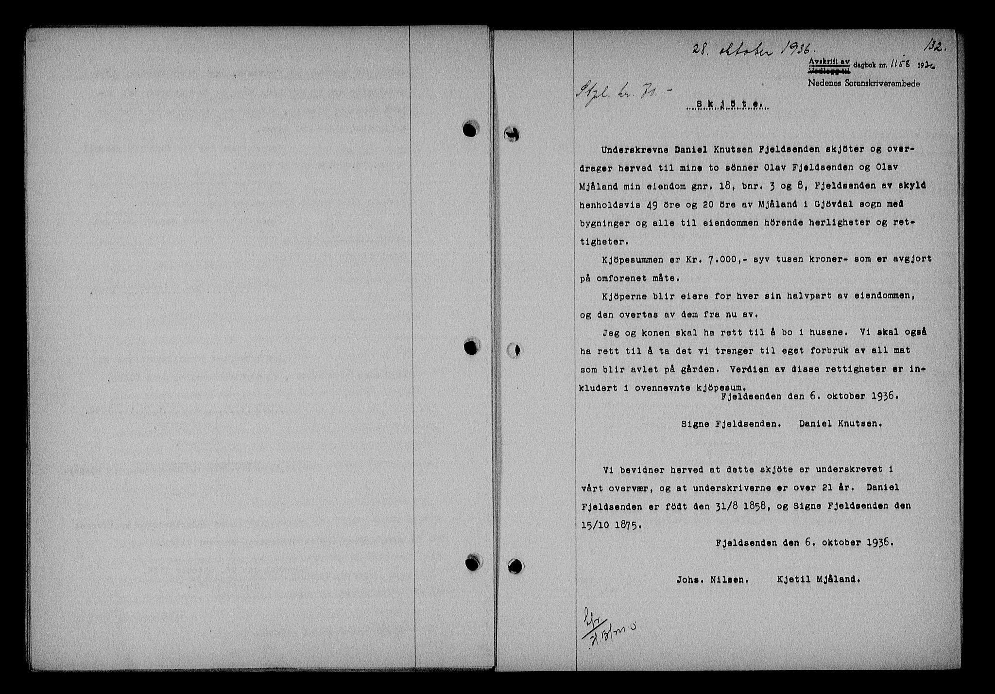 Nedenes sorenskriveri, SAK/1221-0006/G/Gb/Gba/L0043: Mortgage book no. 39, 1936-1937, Diary no: : 1158/1936