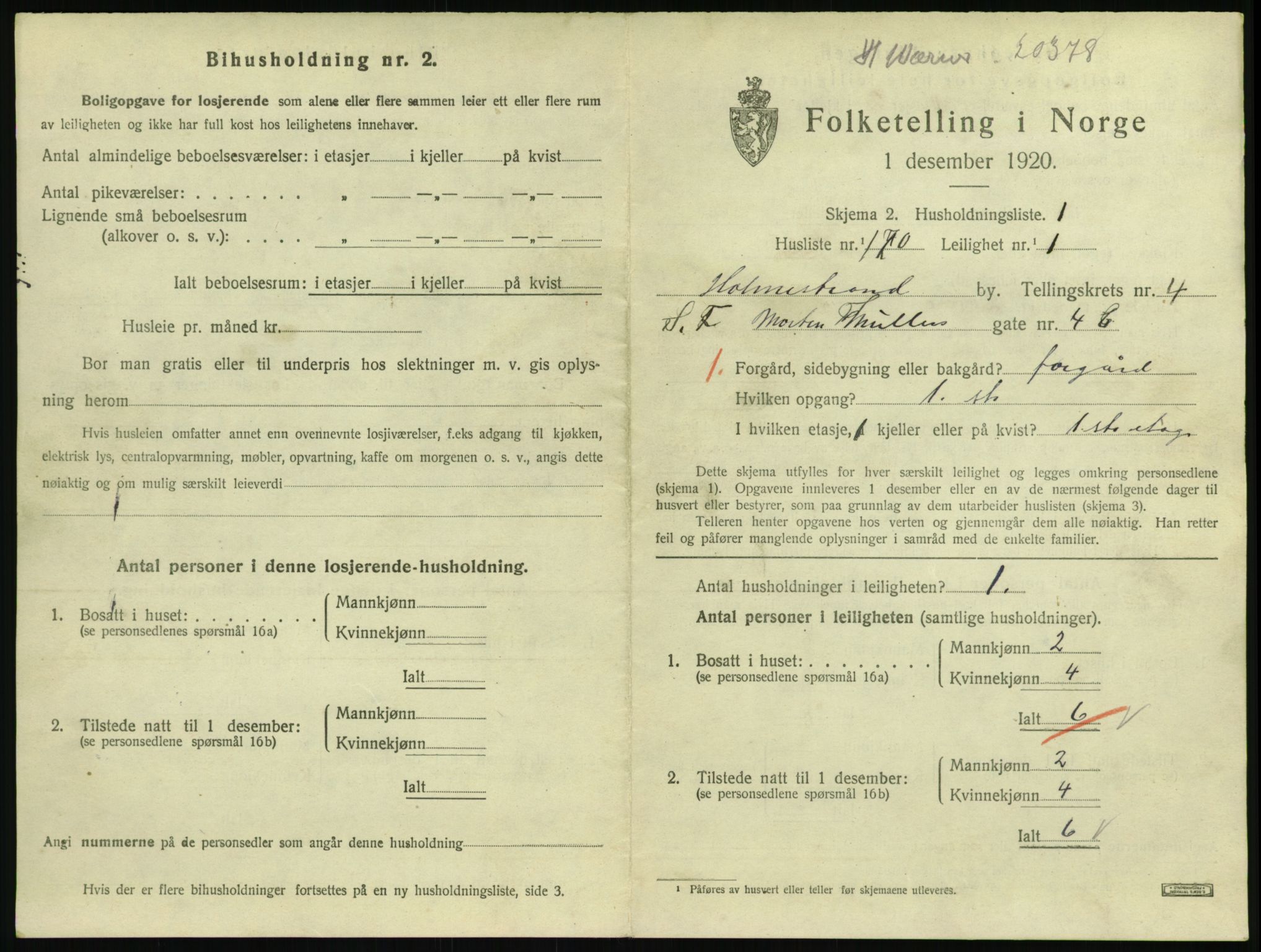 SAKO, 1920 census for Holmestrand, 1920, p. 1454