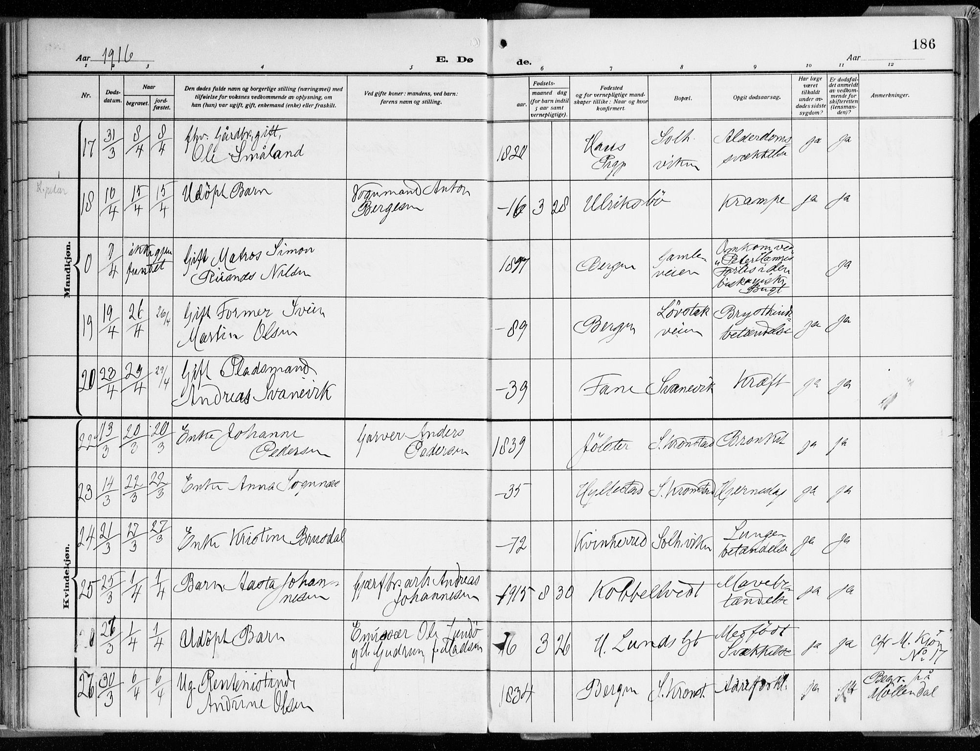 Årstad Sokneprestembete, AV/SAB-A-79301/H/Haa/L0003: Parish register (official) no. A 3, 1914-1919, p. 186