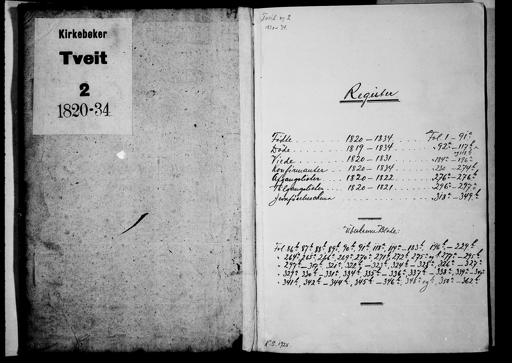 Tveit sokneprestkontor, SAK/1111-0043/F/Fb/L0001: Parish register (copy) no. B 1, 1820-1834