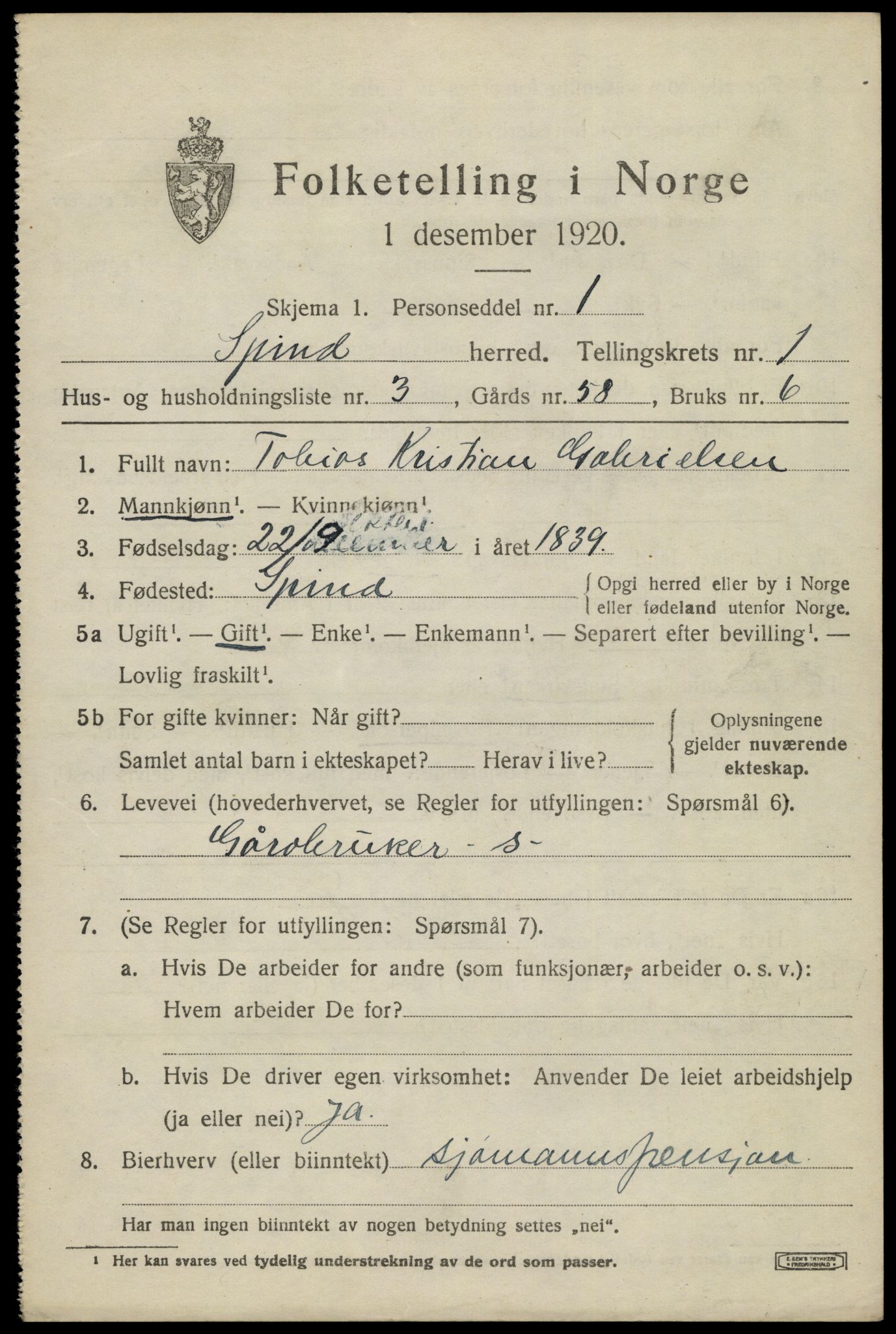 SAK, 1920 census for Spind, 1920, p. 587