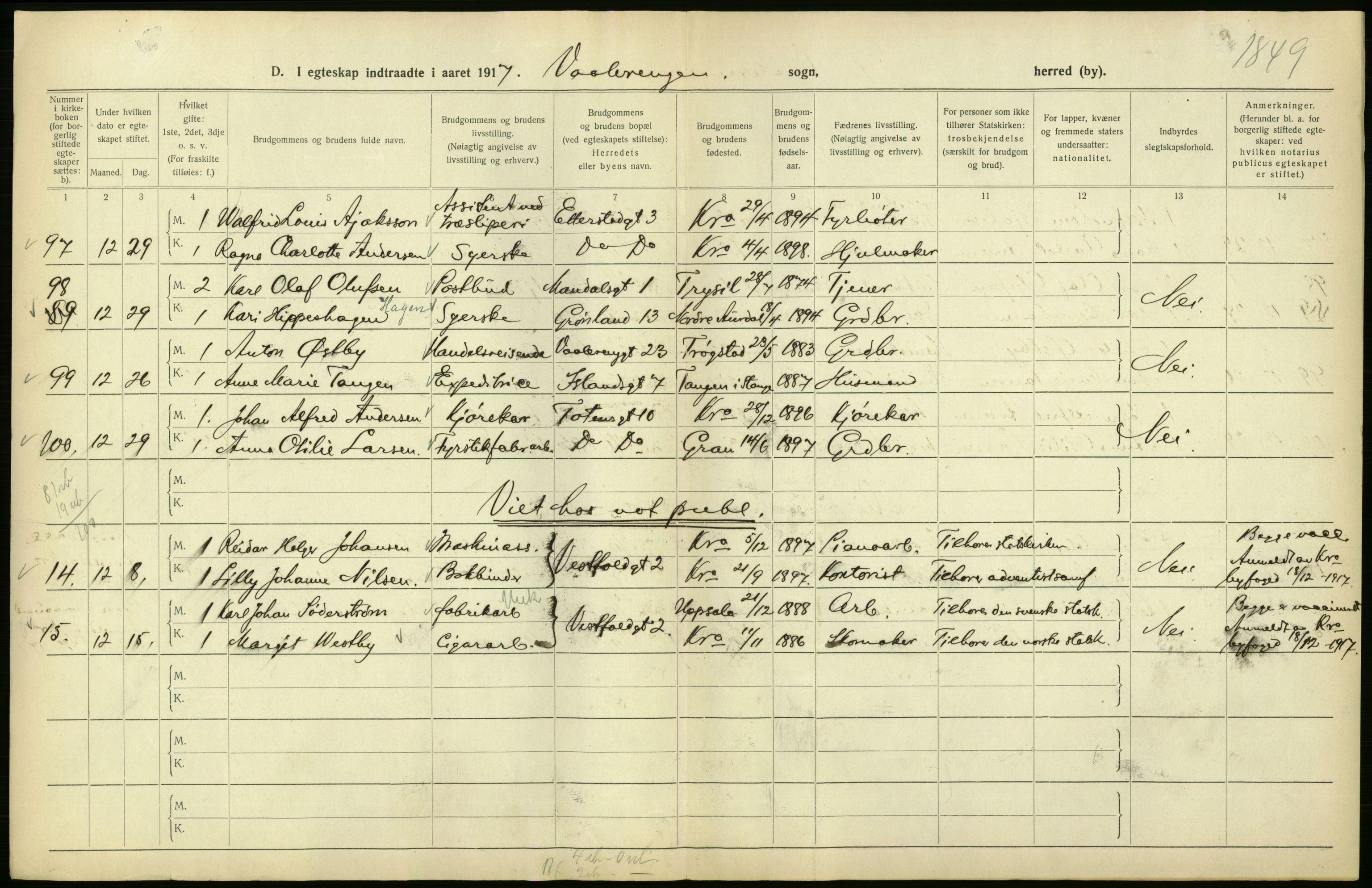 Statistisk sentralbyrå, Sosiodemografiske emner, Befolkning, AV/RA-S-2228/D/Df/Dfb/Dfbg/L0009: Kristiania: Gifte, 1917, p. 100