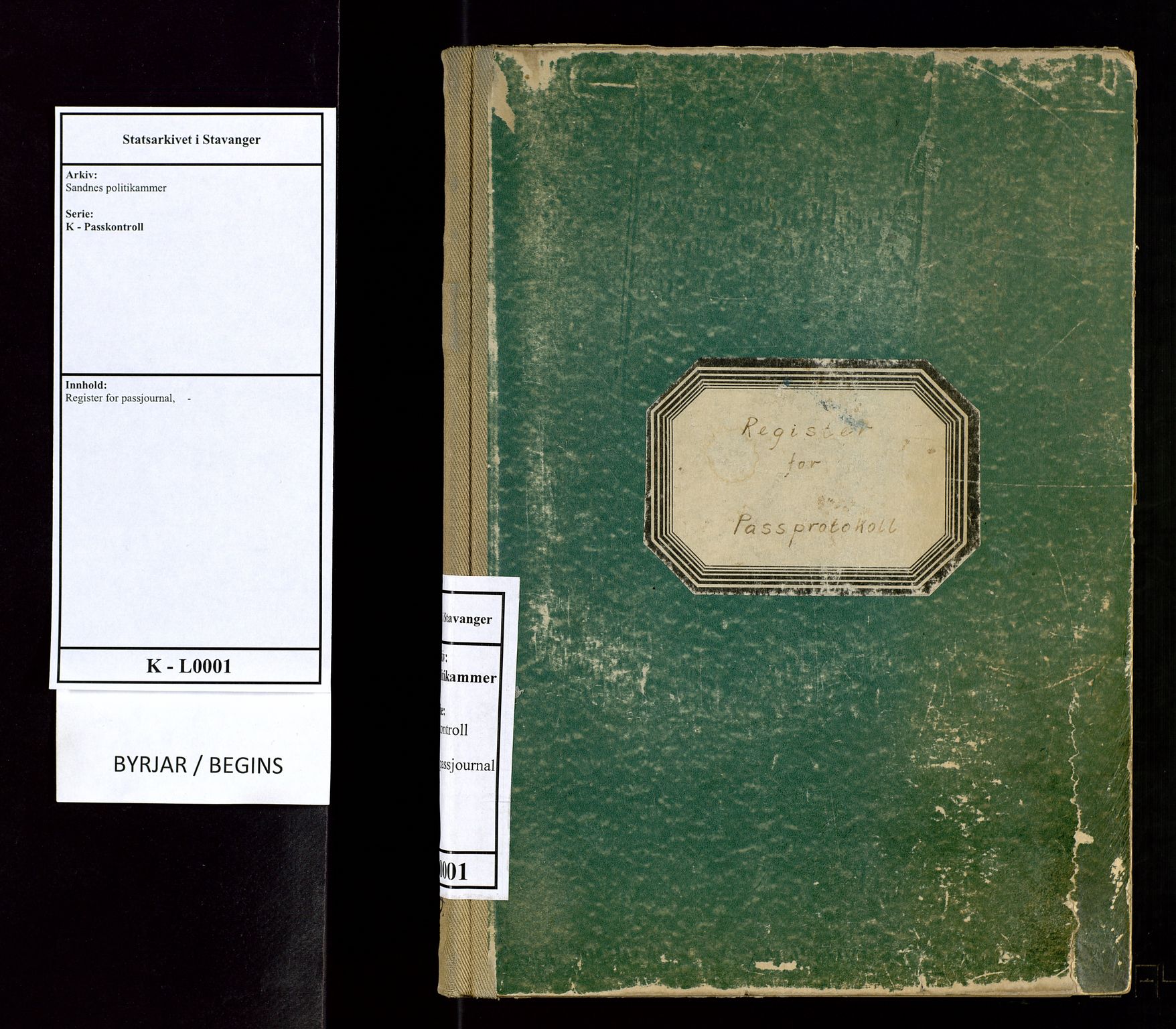 Sandnes politikammer, SAST/A-100446/K/L0001: Register for passjournal, 1919-1962, p. 1
