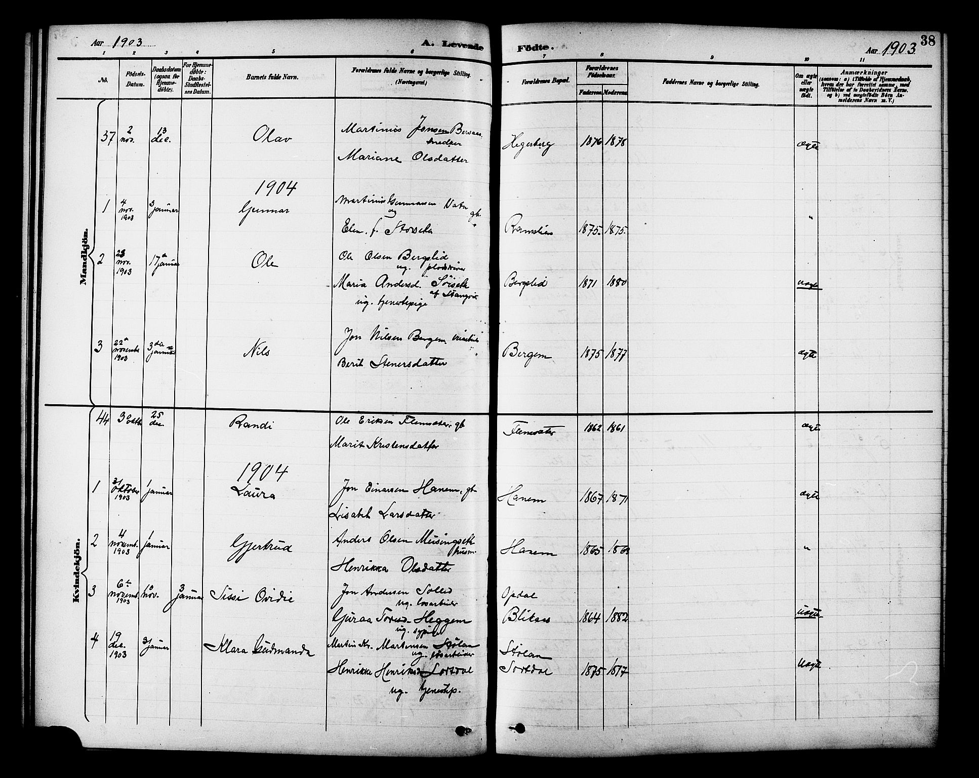 Ministerialprotokoller, klokkerbøker og fødselsregistre - Møre og Romsdal, AV/SAT-A-1454/586/L0992: Parish register (copy) no. 586C03, 1892-1909, p. 38