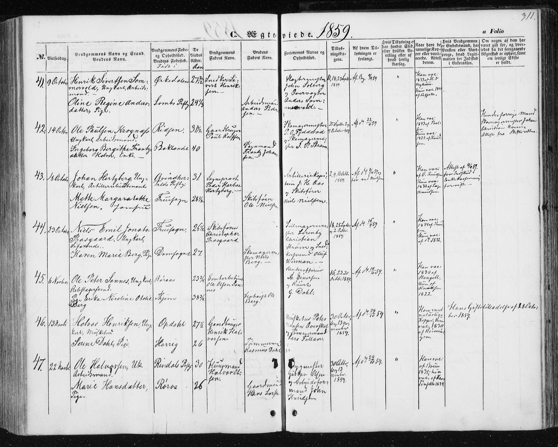 Ministerialprotokoller, klokkerbøker og fødselsregistre - Sør-Trøndelag, AV/SAT-A-1456/602/L0112: Parish register (official) no. 602A10, 1848-1859, p. 311