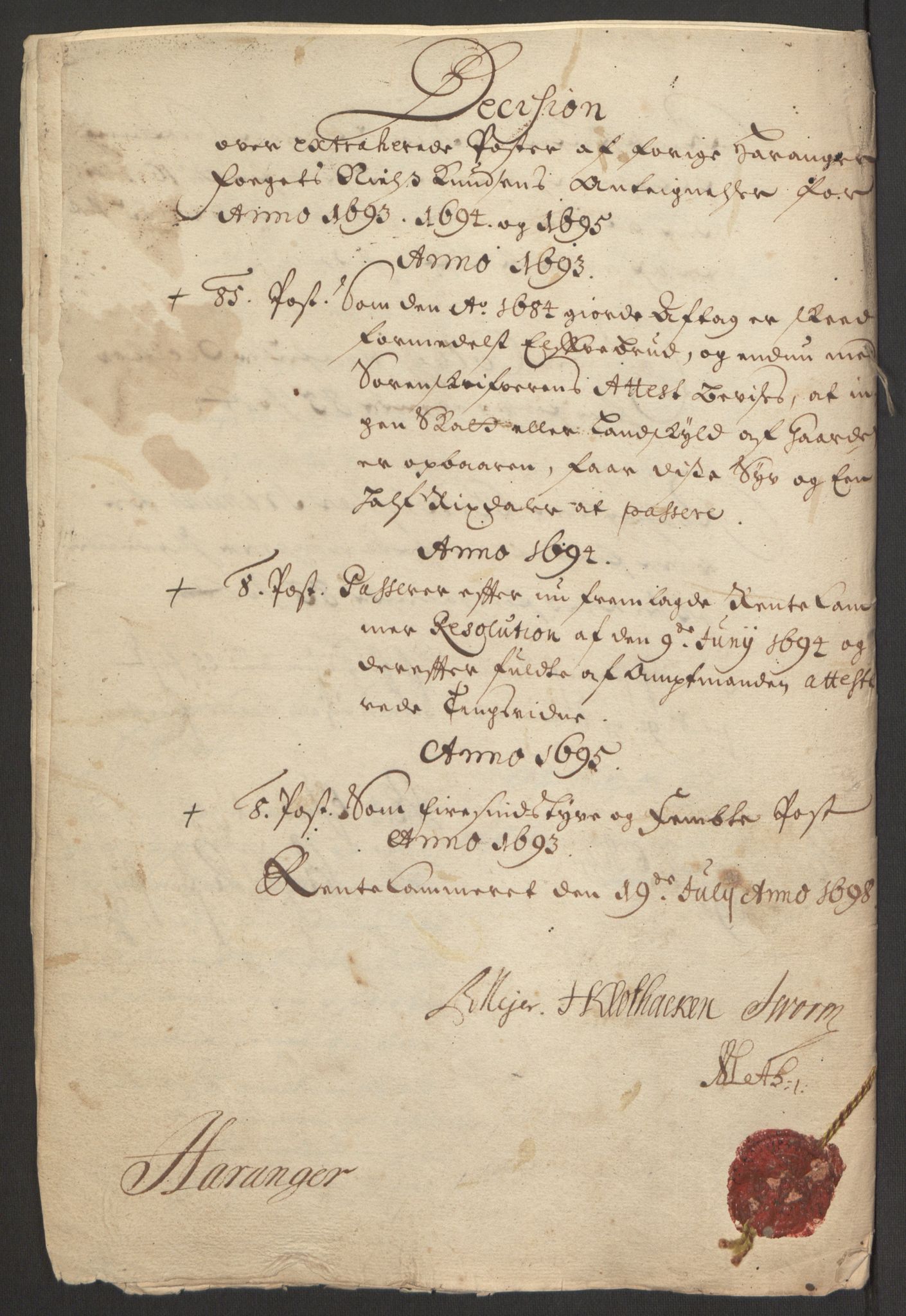 Rentekammeret inntil 1814, Reviderte regnskaper, Fogderegnskap, RA/EA-4092/R48/L2976: Fogderegnskap Sunnhordland og Hardanger, 1695-1696, p. 230