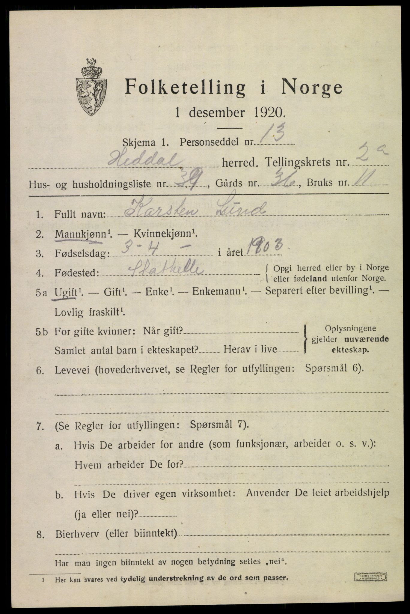 SAKO, 1920 census for Heddal, 1920, p. 2372