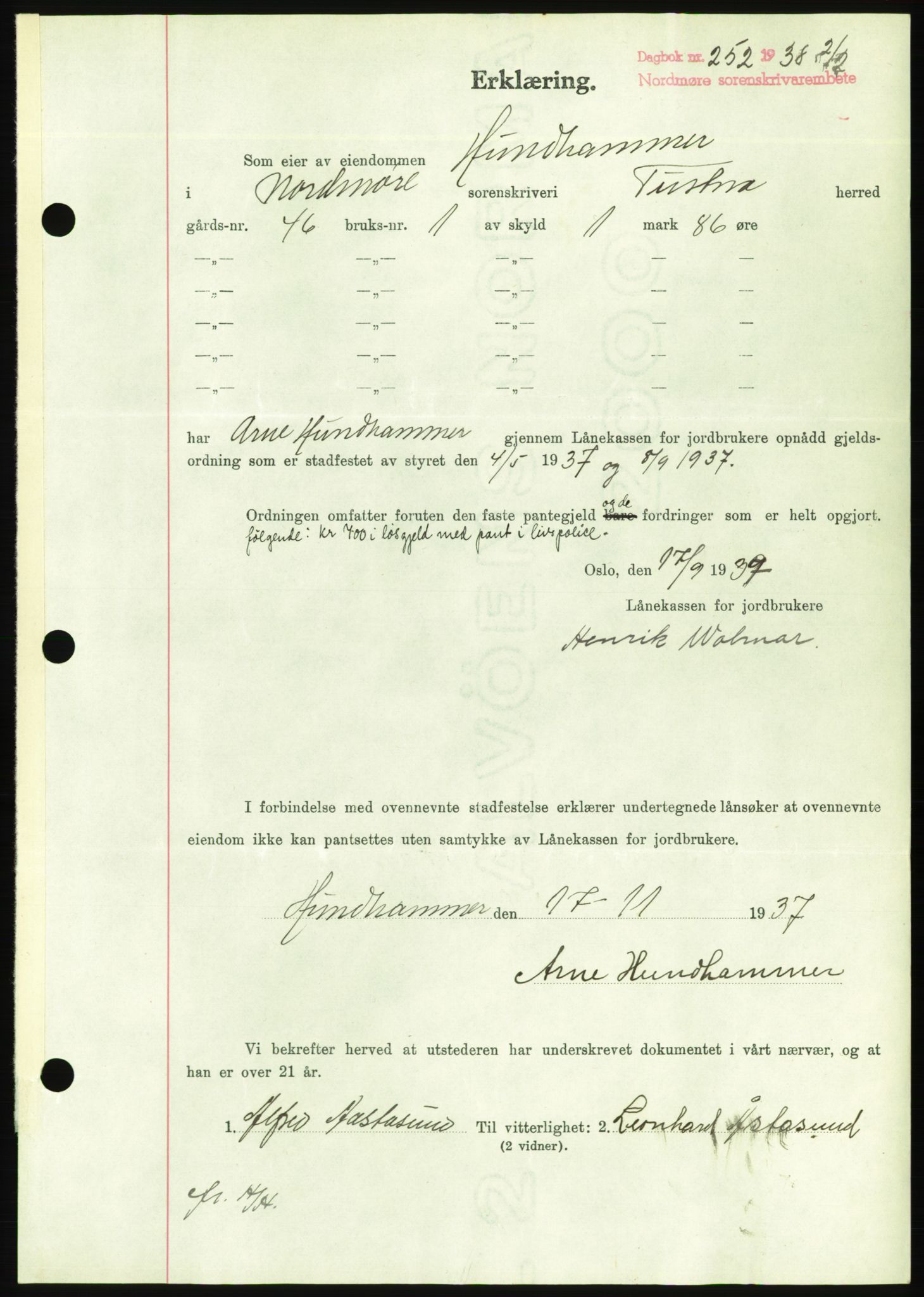 Nordmøre sorenskriveri, AV/SAT-A-4132/1/2/2Ca/L0092: Mortgage book no. B82, 1937-1938, Diary no: : 252/1938